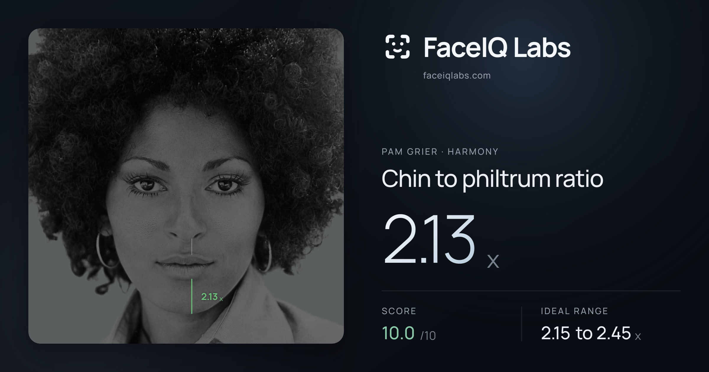 Pam Grier Chin to philtrum ratio: 2.13x, drawn on the photo