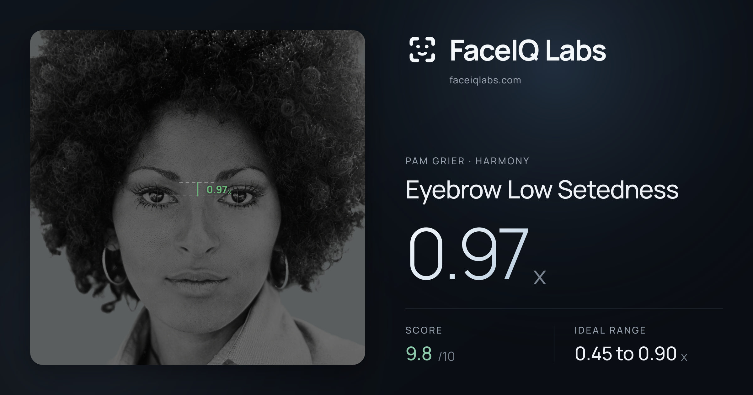 Pam Grier Eyebrow Low Setedness: 0.97x, drawn on the photo