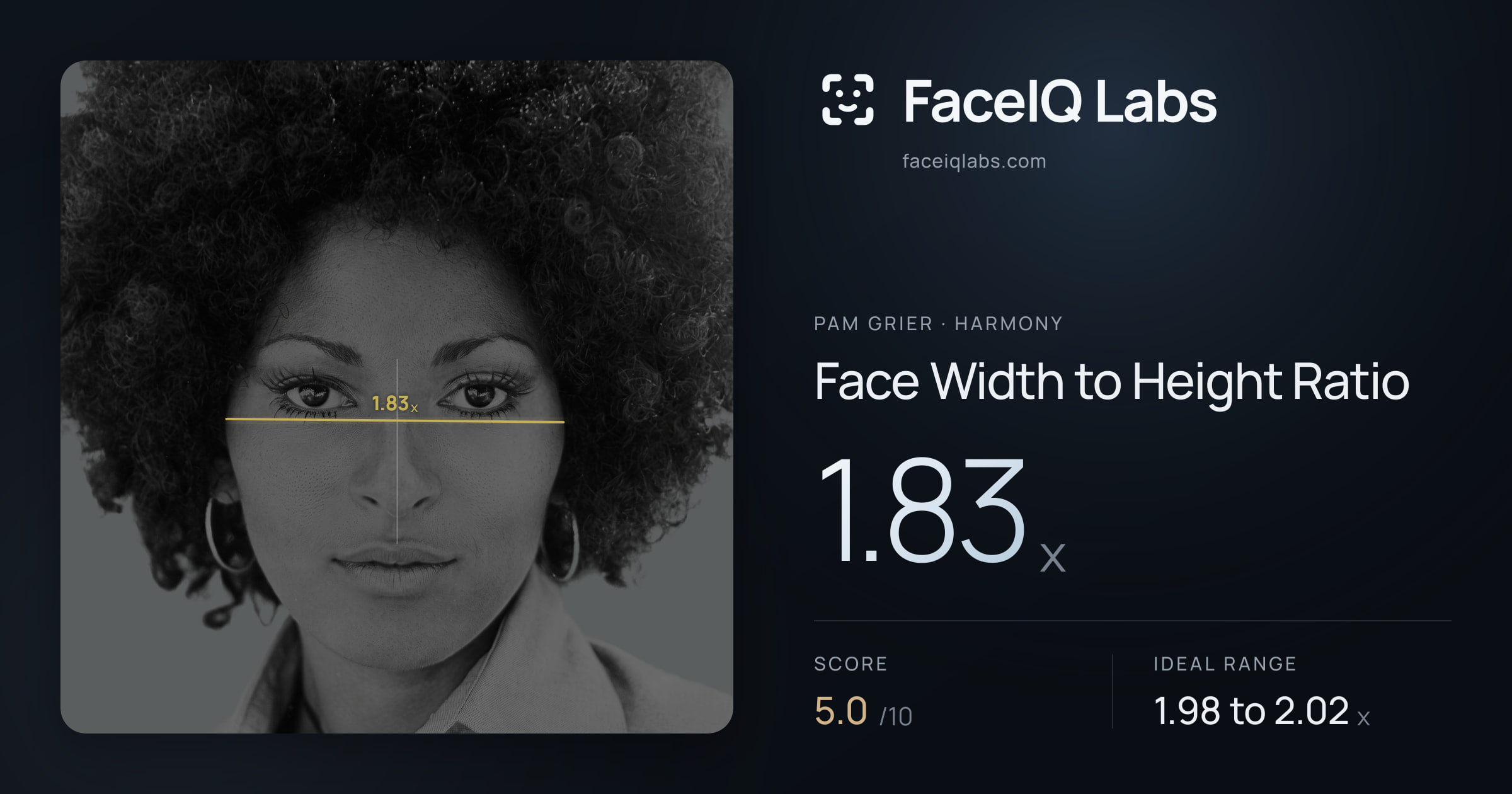 Pam Grier Face Width to Height Ratio: 1.83x, drawn on the photo