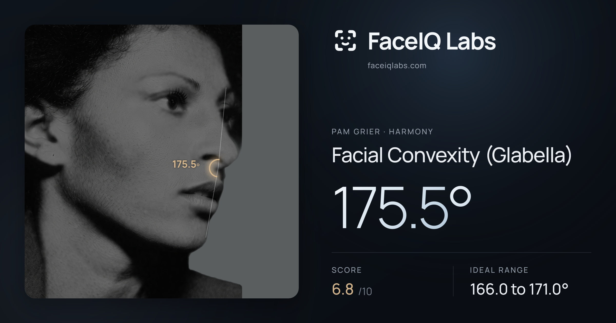 Pam Grier Facial Convexity (Glabella): 175.5°, drawn on the photo