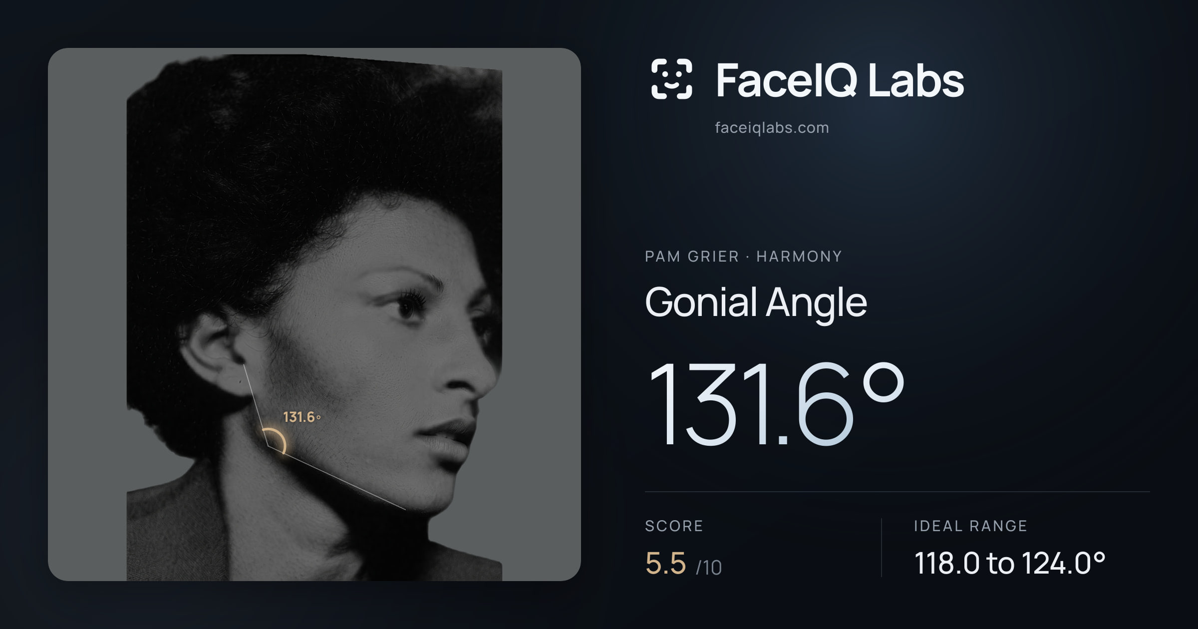 Pam Grier Gonial Angle: 131.6°, drawn on the photo