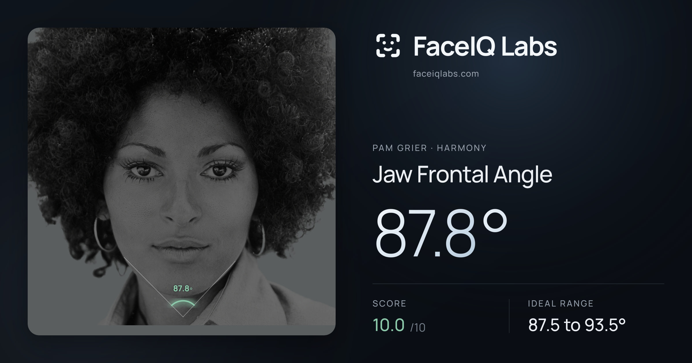 Pam Grier Jaw Frontal Angle: 87.8°, drawn on the photo