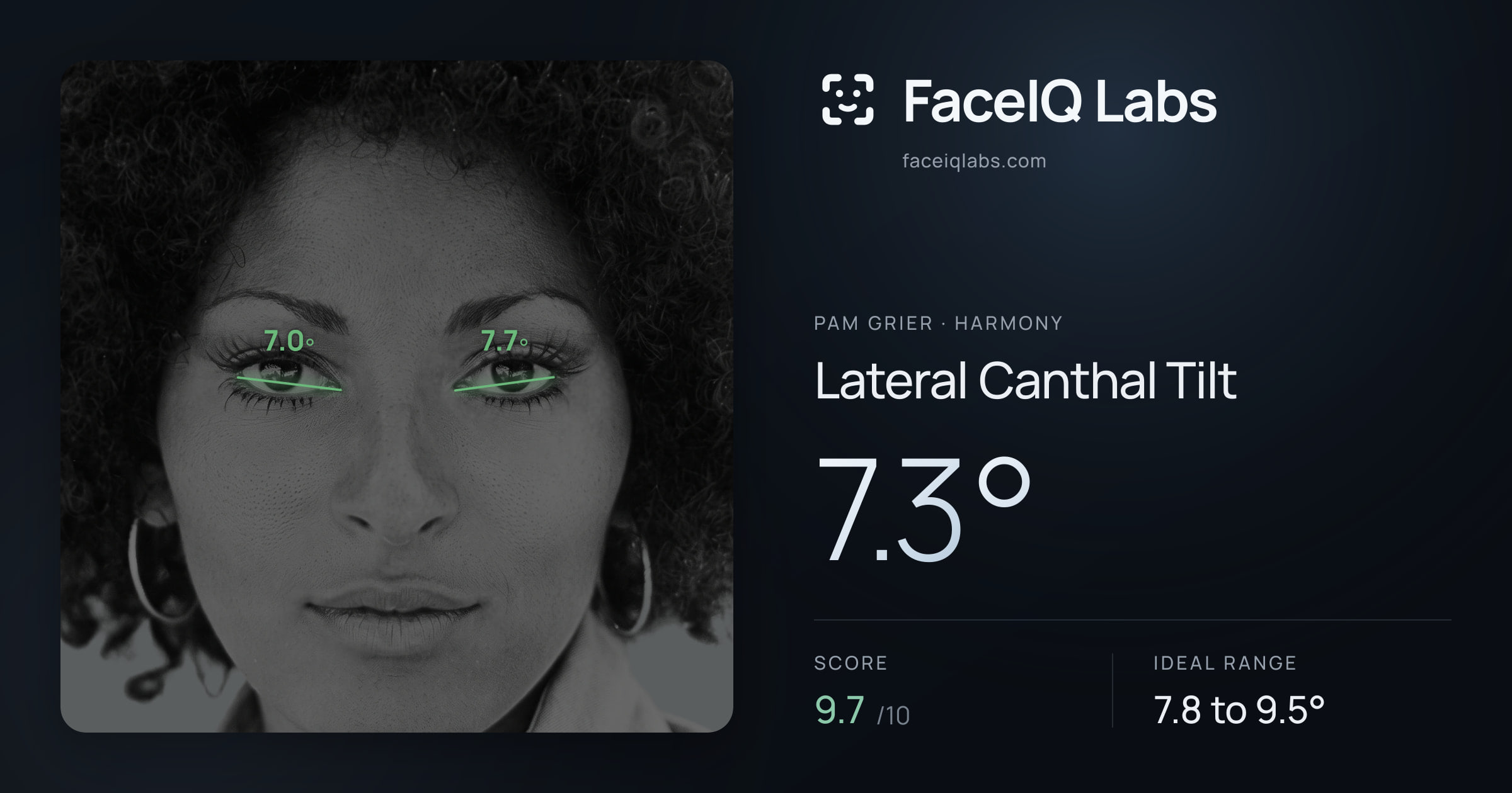Pam Grier Lateral Canthal Tilt: 7.3°, drawn on the photo