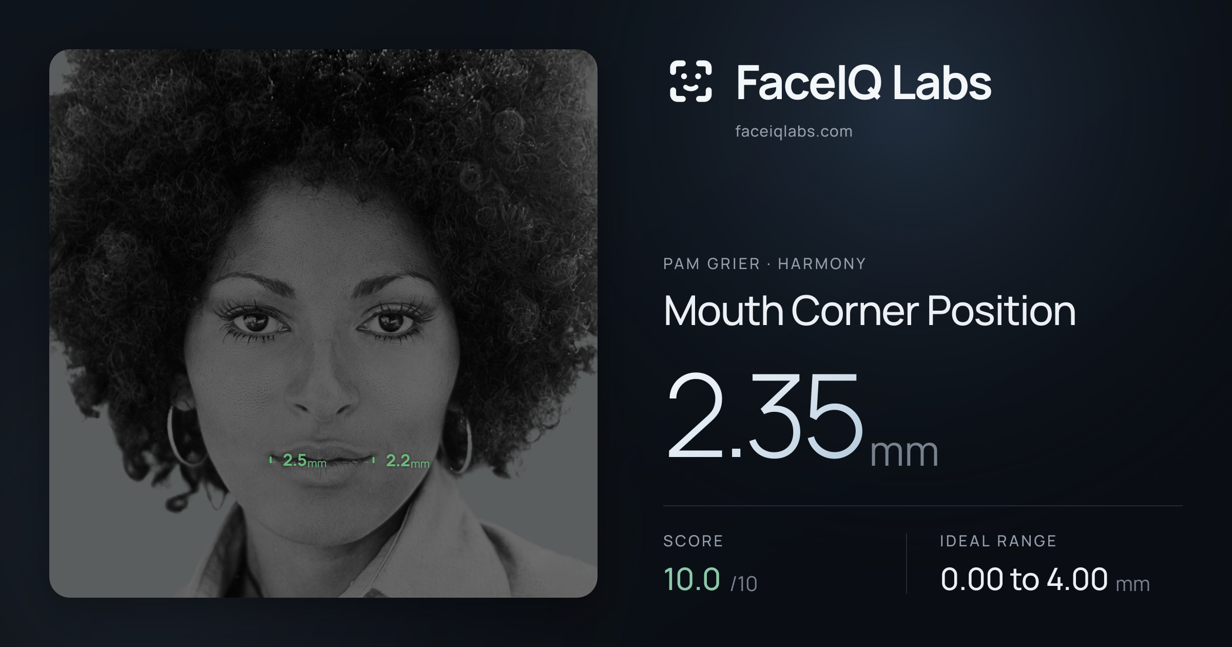 Pam Grier Mouth Corner Position: 2.35mm, drawn on the photo