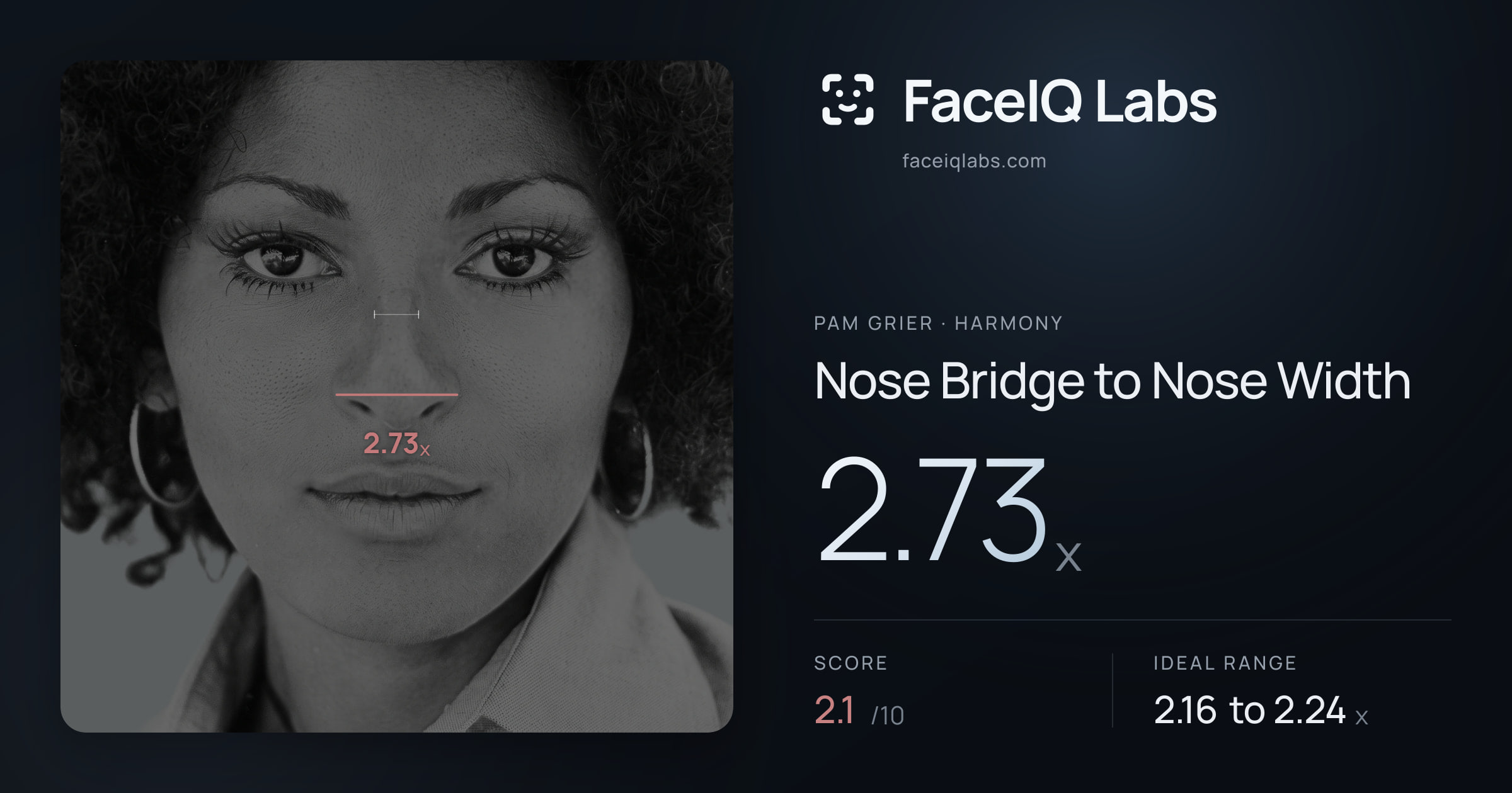 Pam Grier Nose Bridge to Nose Width: 2.73x, drawn on the photo