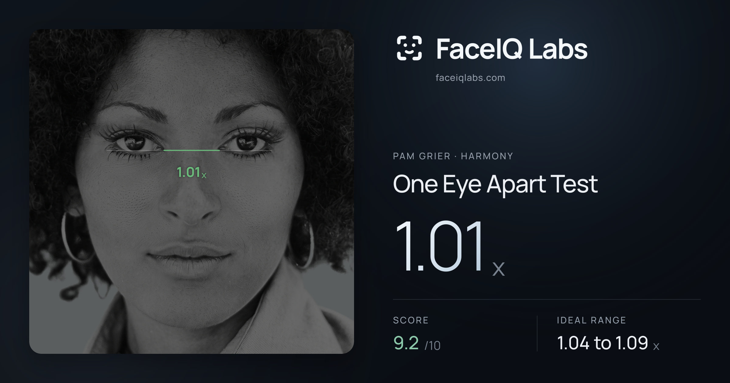 Pam Grier One Eye Apart Test: 1.01x, drawn on the photo