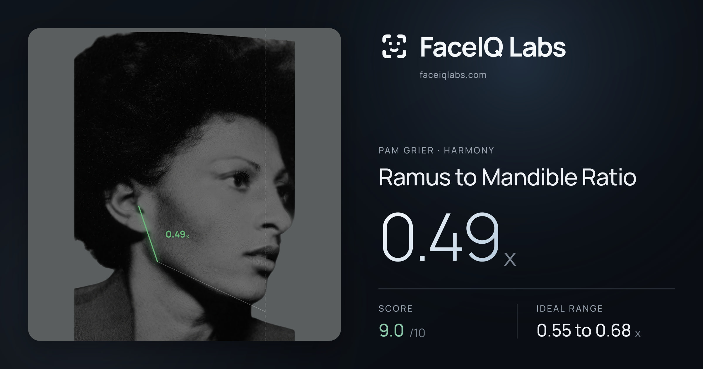 Pam Grier Ramus to Mandible Ratio: 0.49x, drawn on the photo