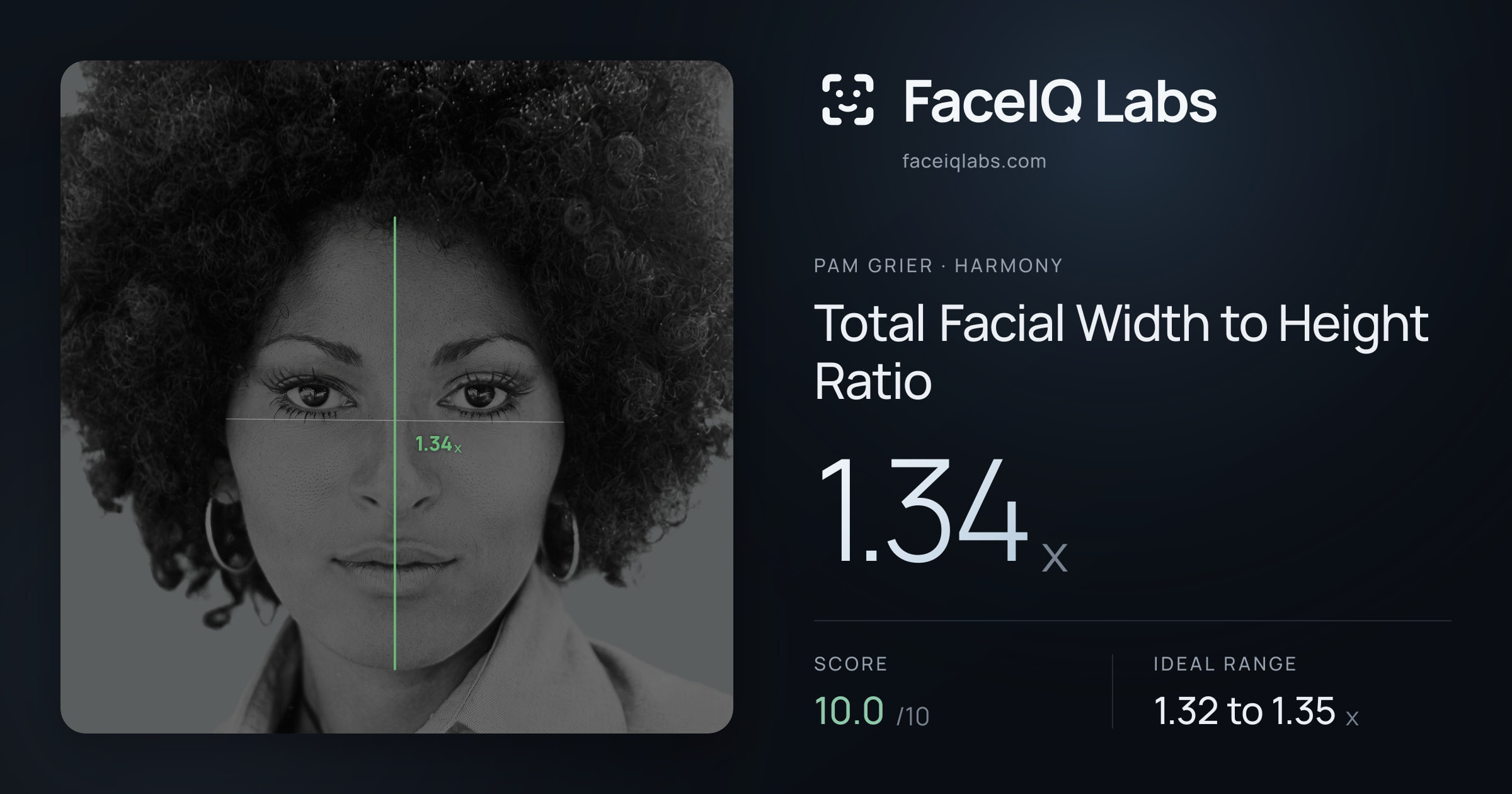 Pam Grier Total Facial Width to Height Ratio: 1.34x, drawn on the photo