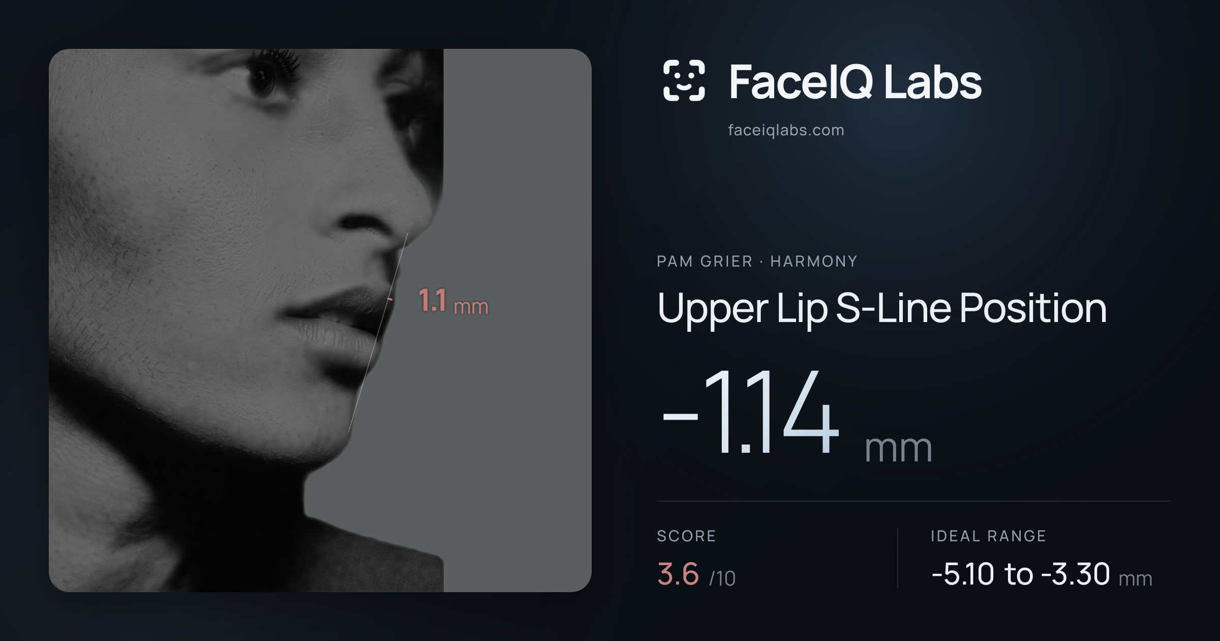 Pam Grier Upper Lip S-Line Position: -1.14mm, drawn on the photo