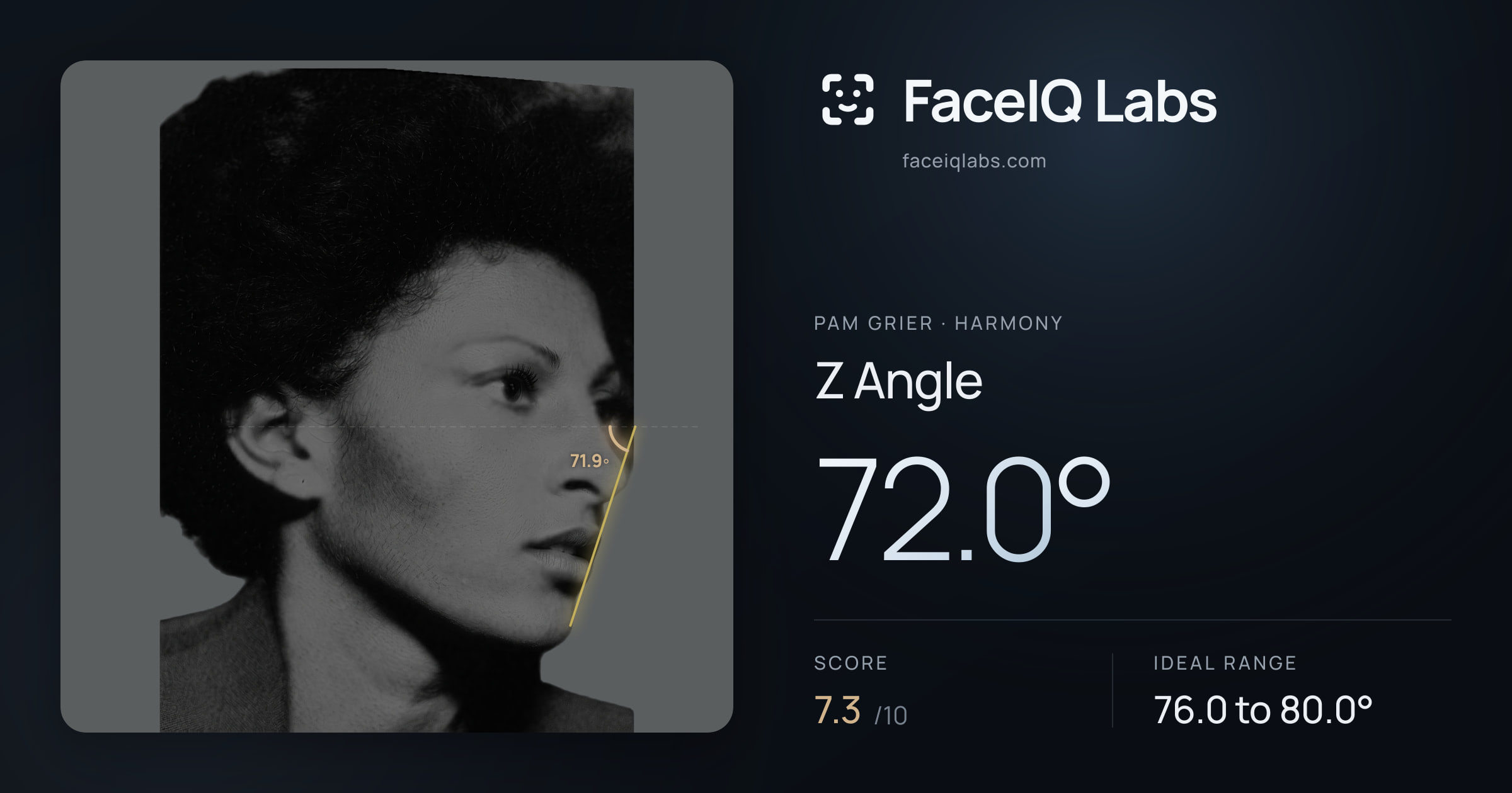 Pam Grier Z Angle: 72.0°, drawn on the photo