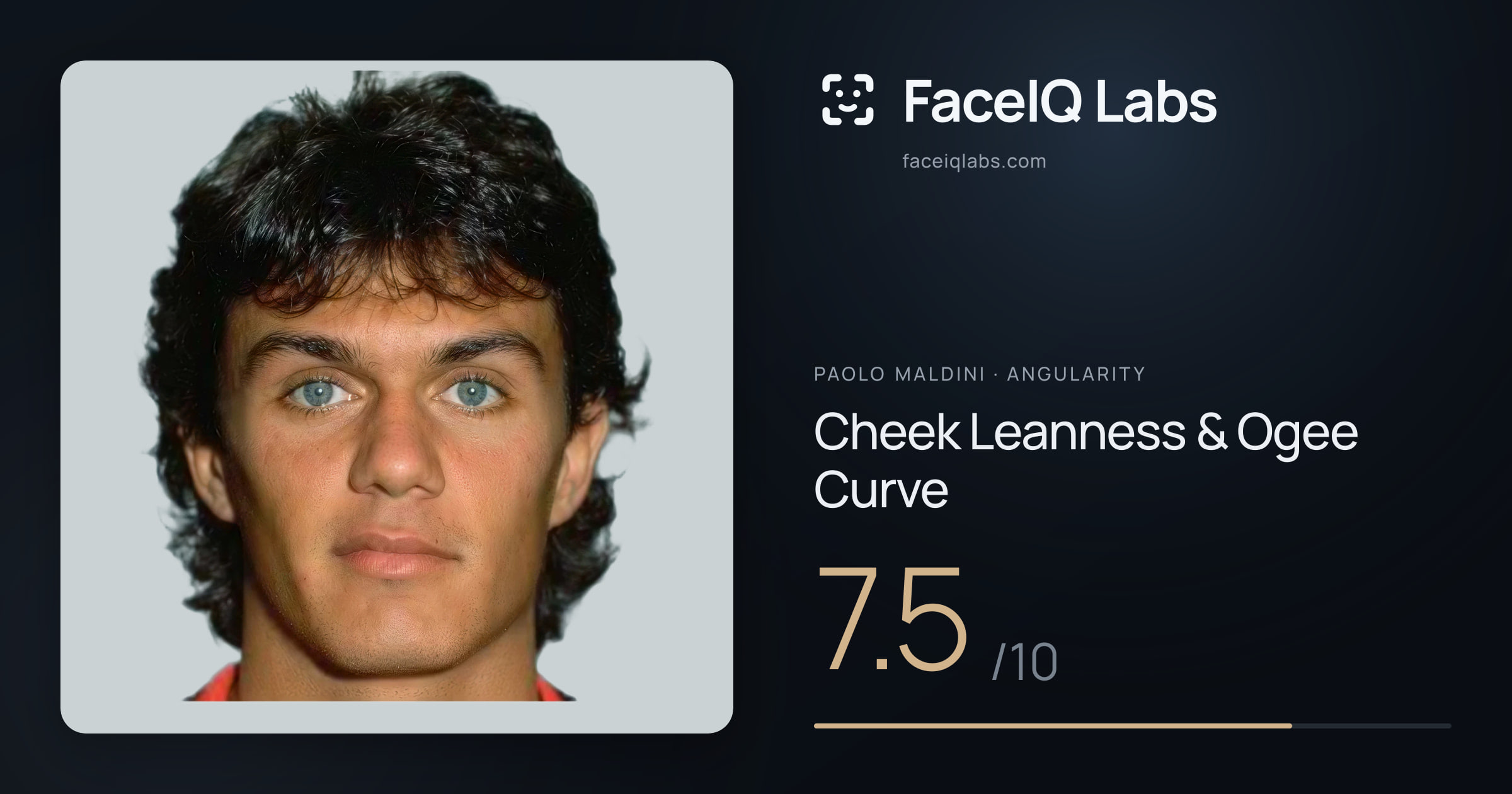 Paolo Maldini Cheek Leanness & Ogee Curve: 7.5/10, drawn on the photo