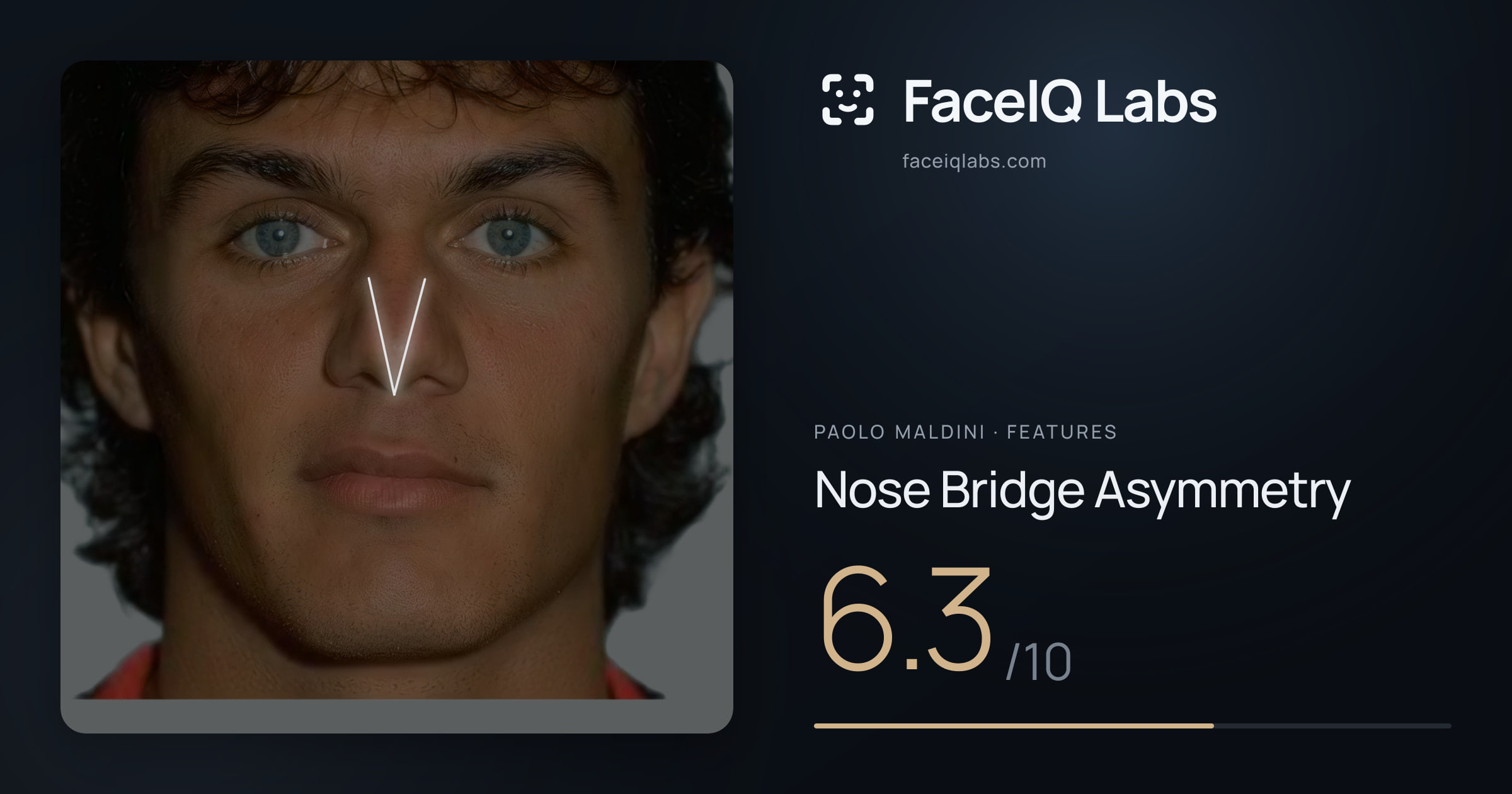 Paolo Maldini Nose Bridge Asymmetry: 6.3/10, drawn on the photo