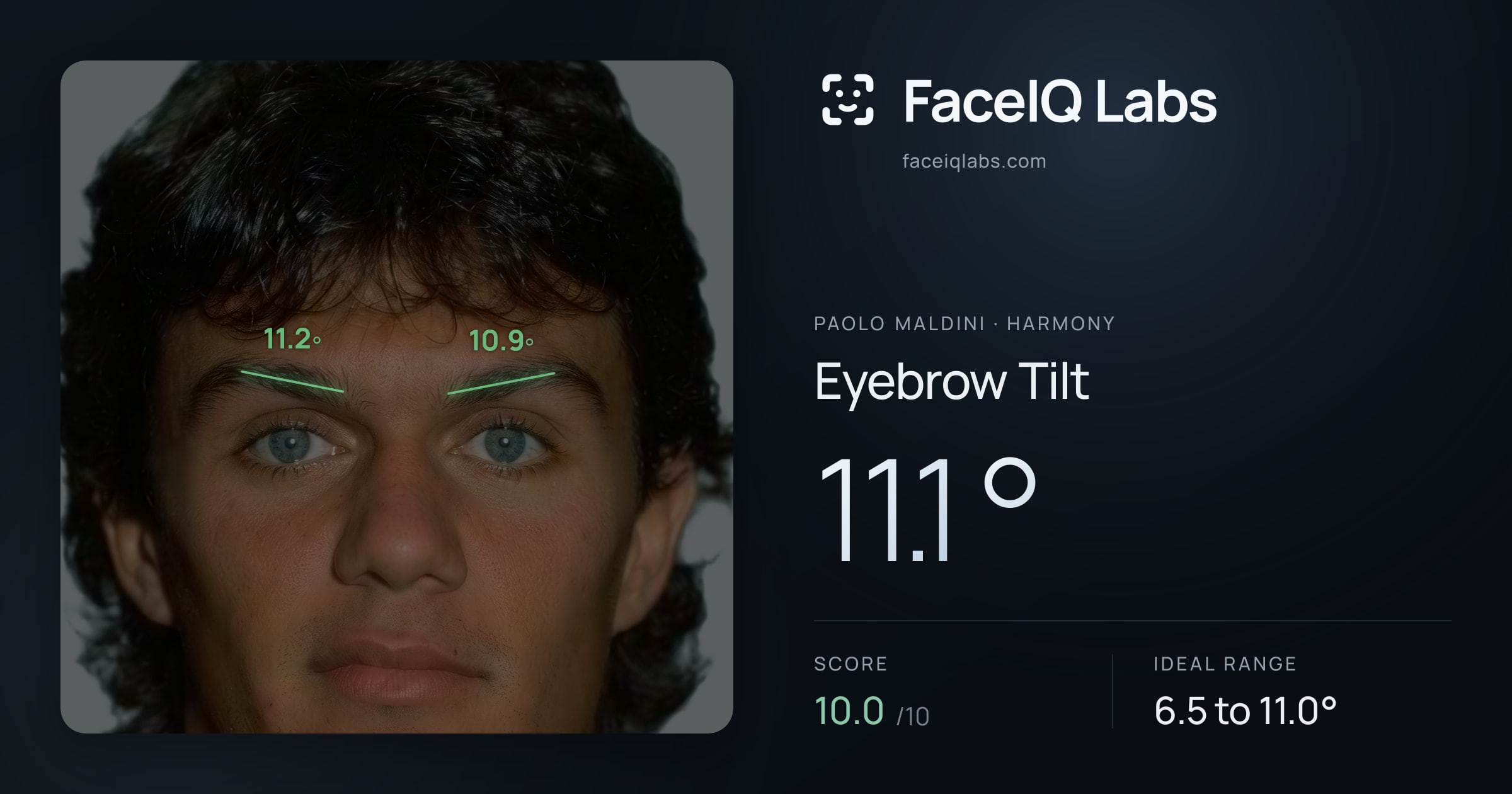Paolo Maldini Eyebrow Tilt: 11.1°, drawn on the photo