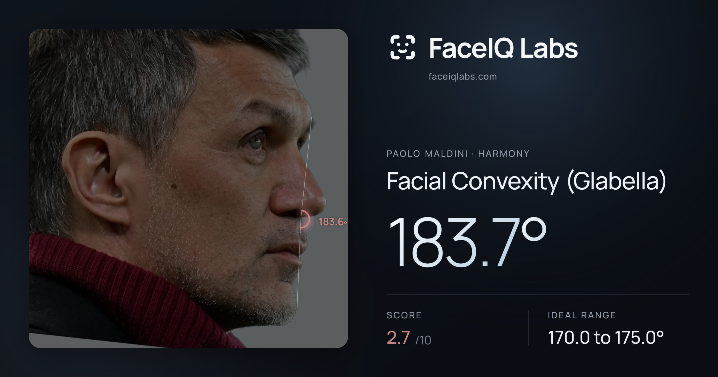 Paolo Maldini Facial Convexity (Glabella): 183.7°, drawn on the photo