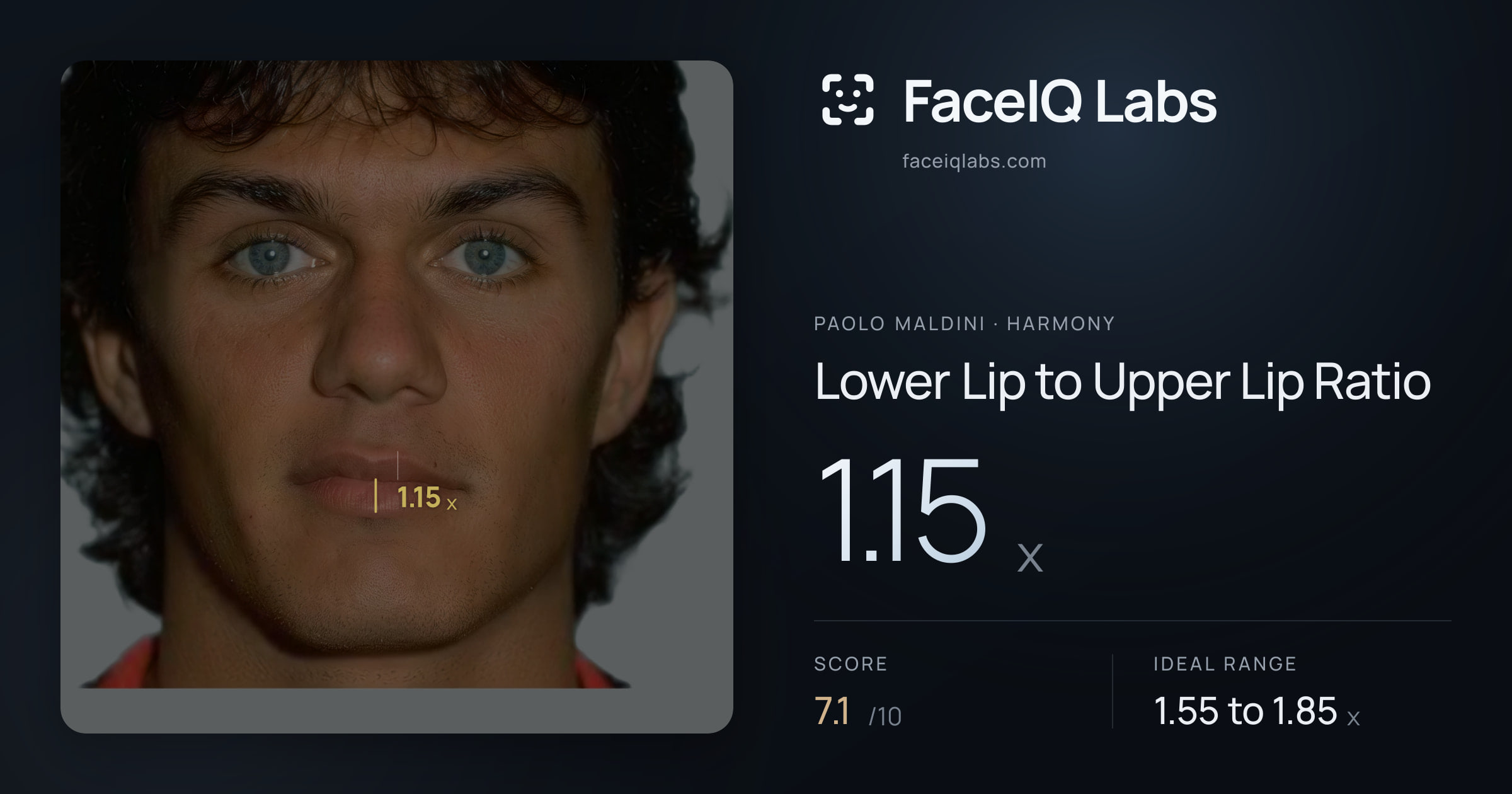 Paolo Maldini Lower Lip to Upper Lip Ratio: 1.15x, drawn on the photo