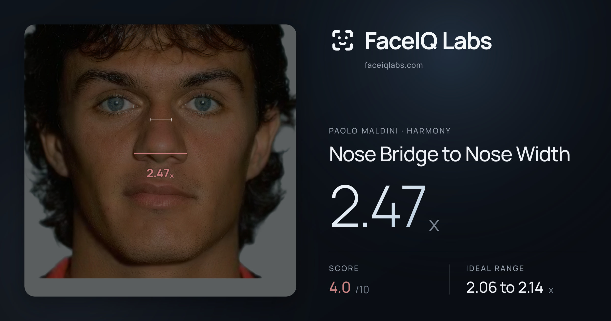 Paolo Maldini Nose Bridge to Nose Width: 2.47x, drawn on the photo