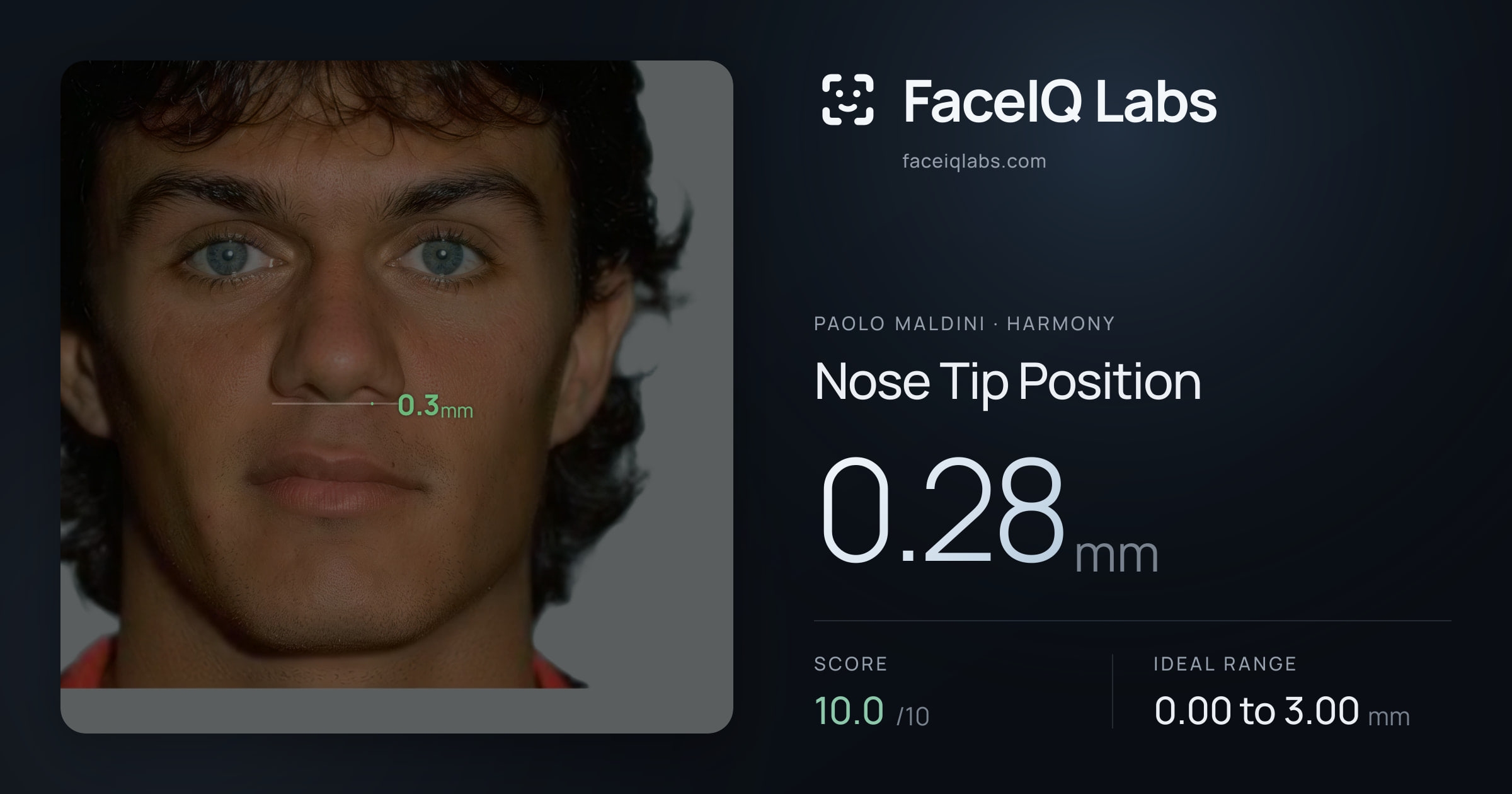 Paolo Maldini Nose Tip Position: 0.28mm, drawn on the photo