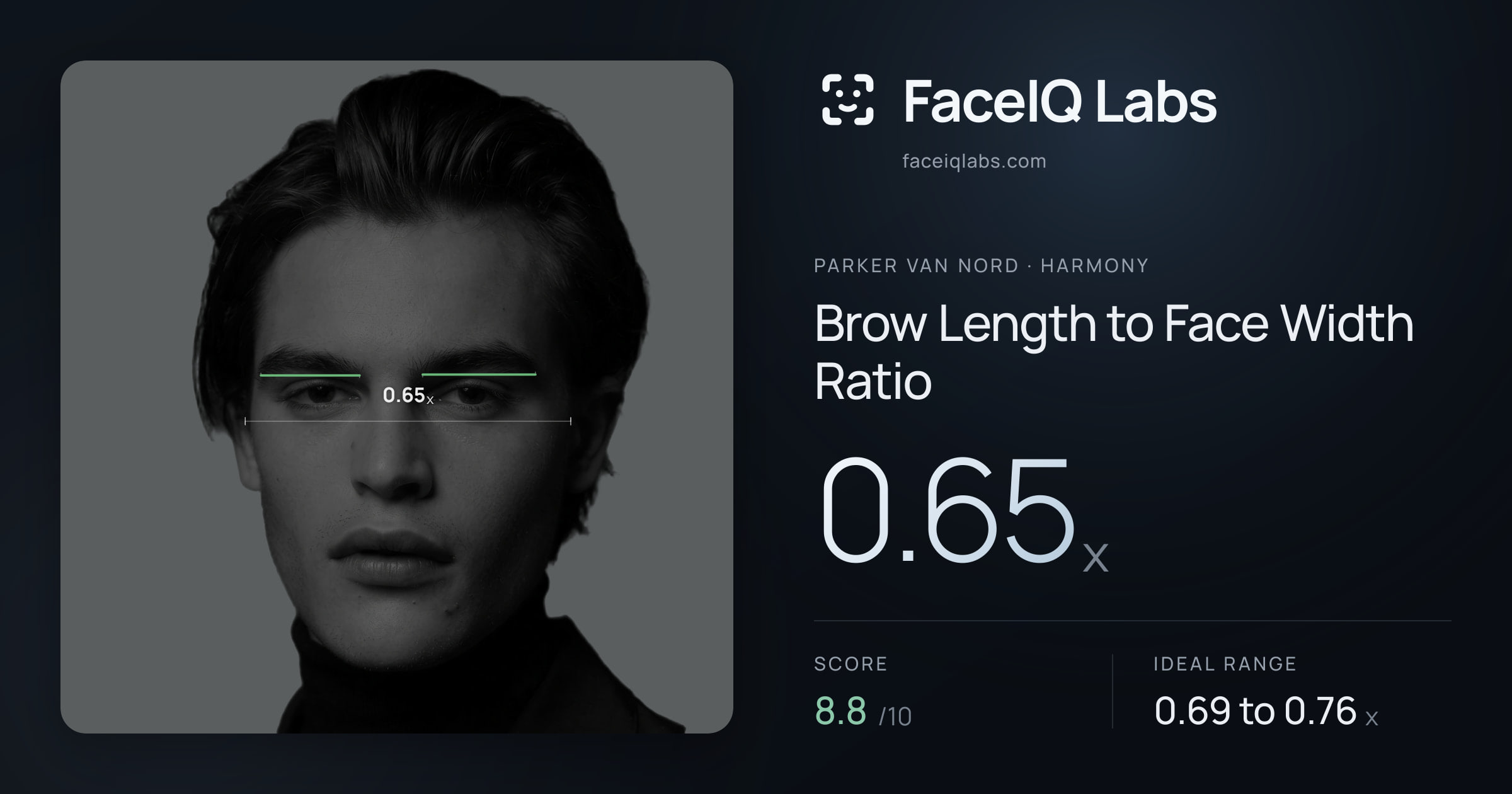 Parker Van Nord Brow Length to Face Width Ratio: 0.65x, drawn on the photo