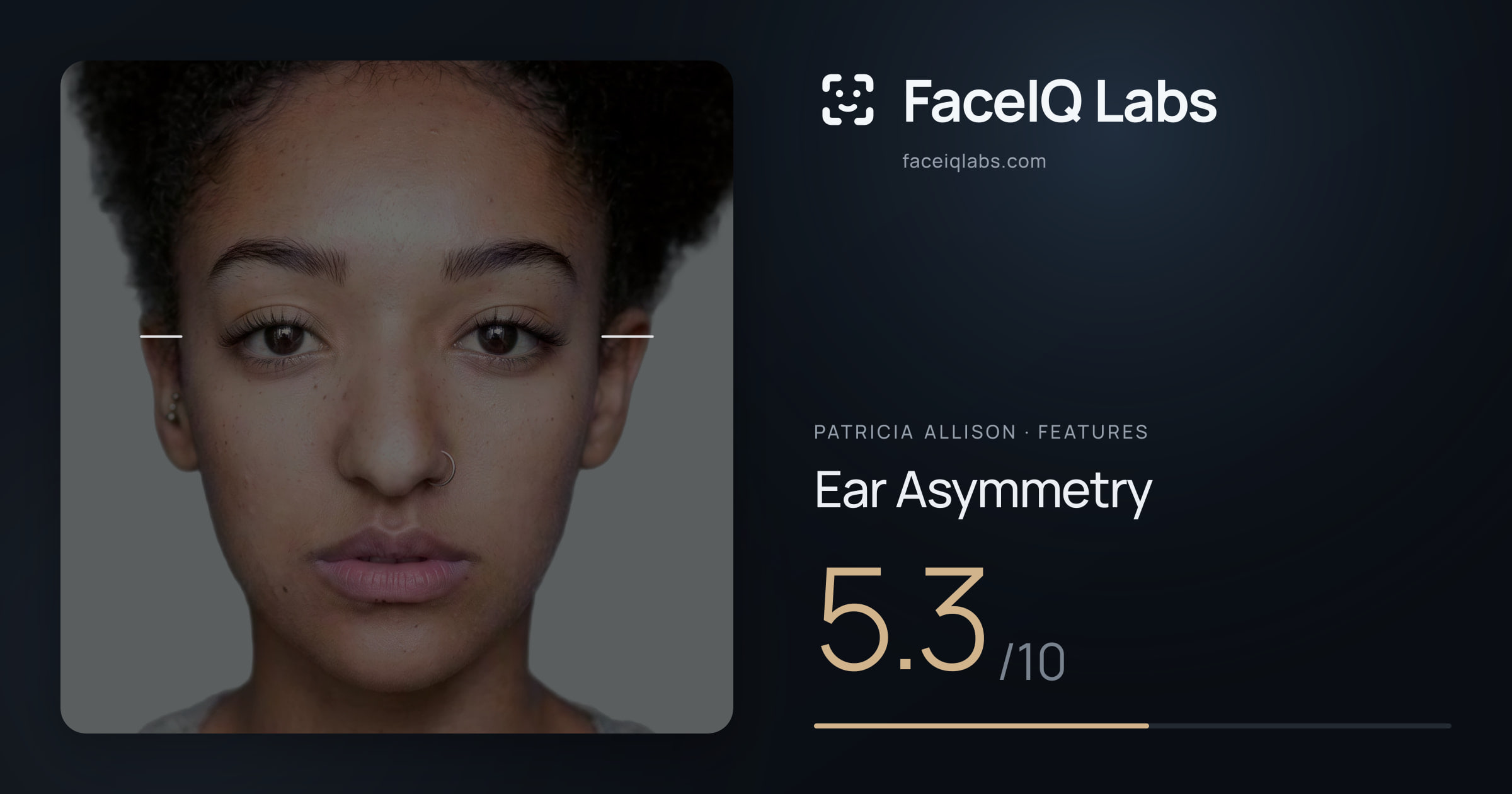 Patricia Allison Ear Asymmetry: 5.3/10, drawn on the photo
