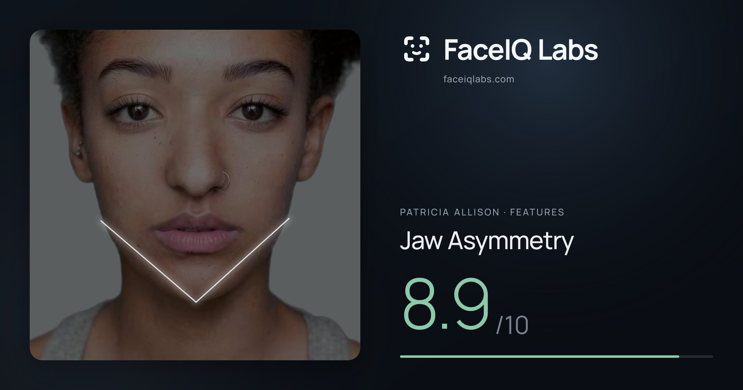 Patricia Allison Jaw Asymmetry: 8.9/10, drawn on the photo