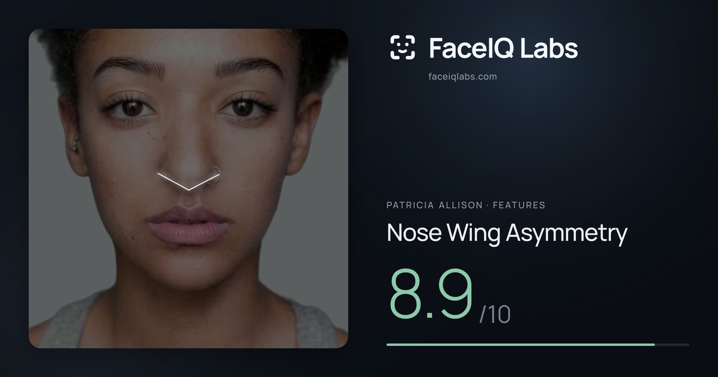 Patricia Allison Nose Wing Asymmetry: 8.9/10, drawn on the photo