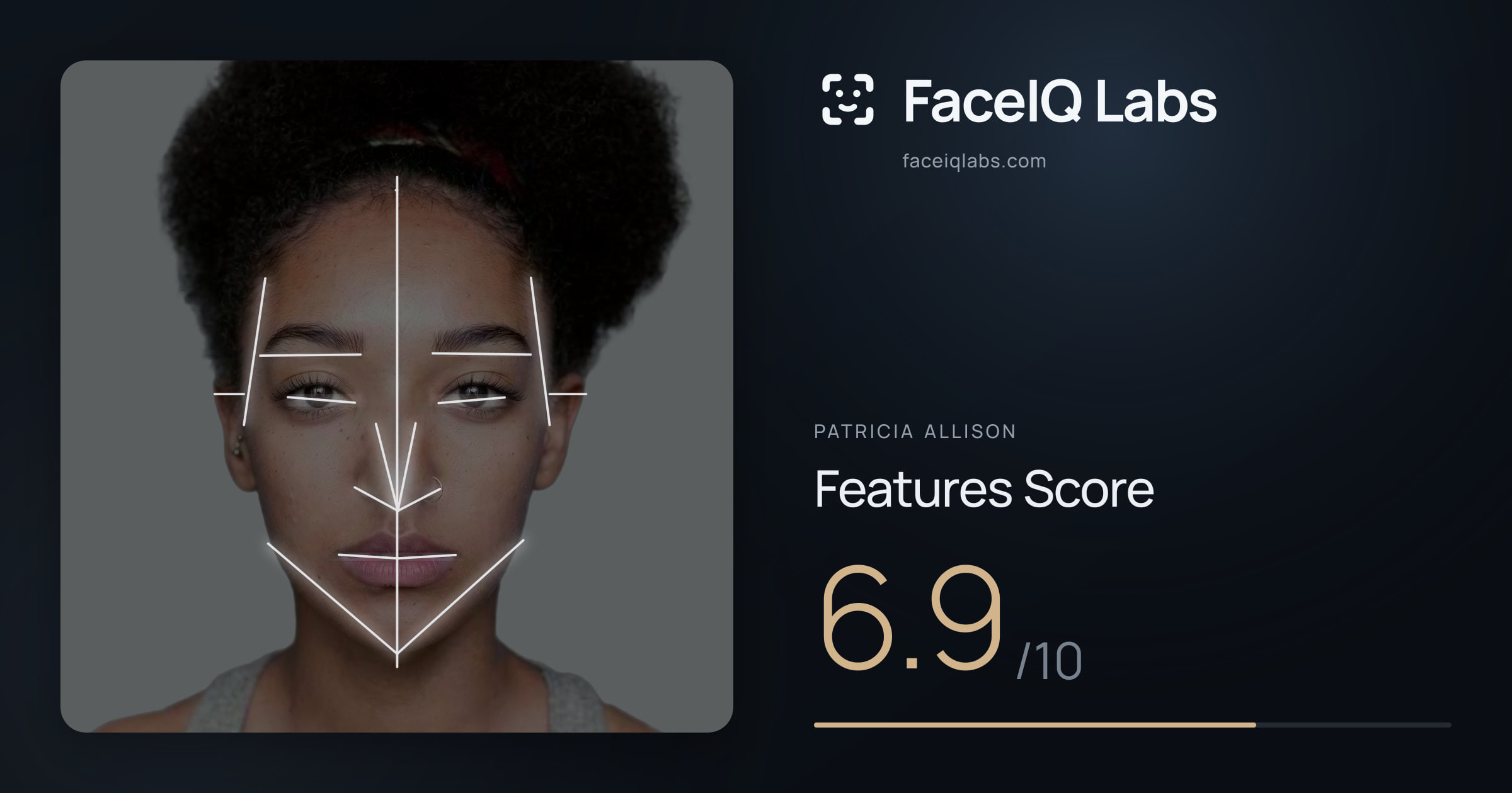 Patricia Allison Features: 6.9/10, with each assessment drawn on the photo