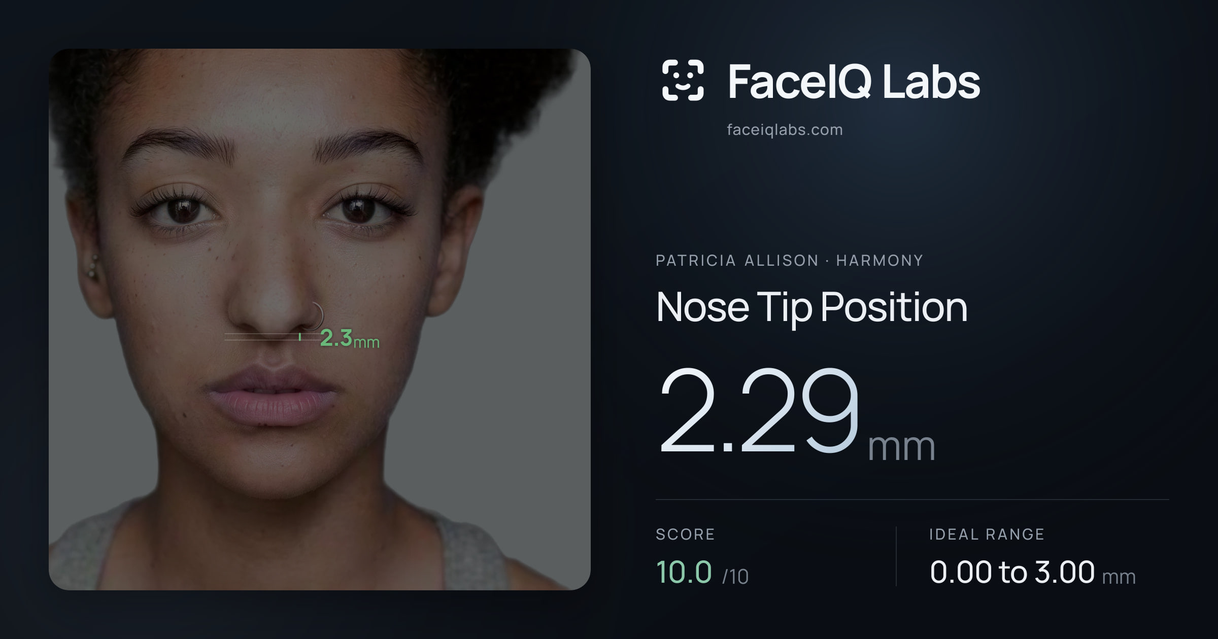 Patricia Allison Nose Tip Position: 2.29mm, drawn on the photo