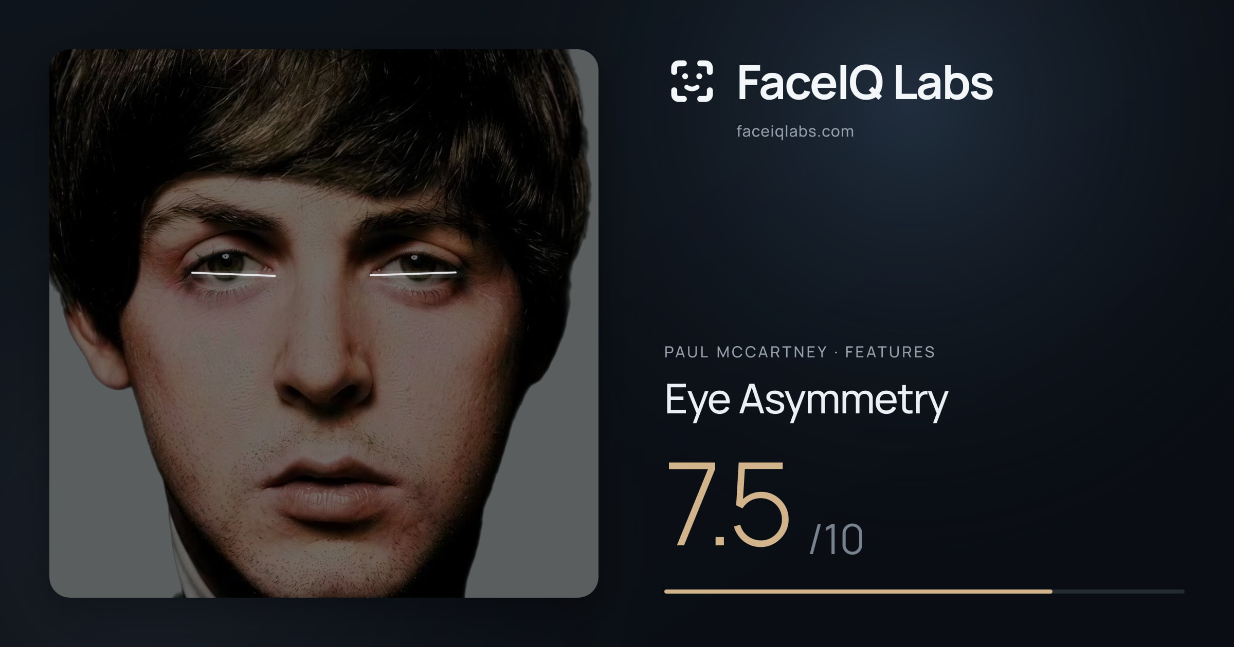 Paul McCartney Eye Asymmetry: 7.5/10, drawn on the photo