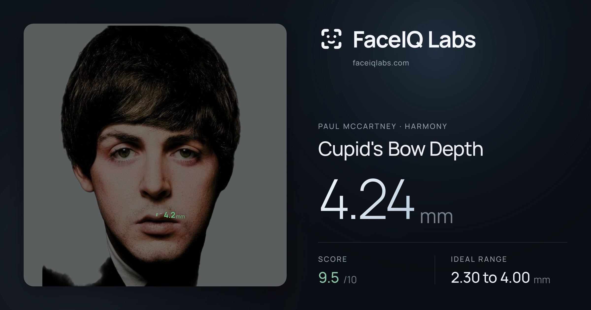 Paul McCartney Cupid's Bow Depth: 4.24mm, drawn on the photo