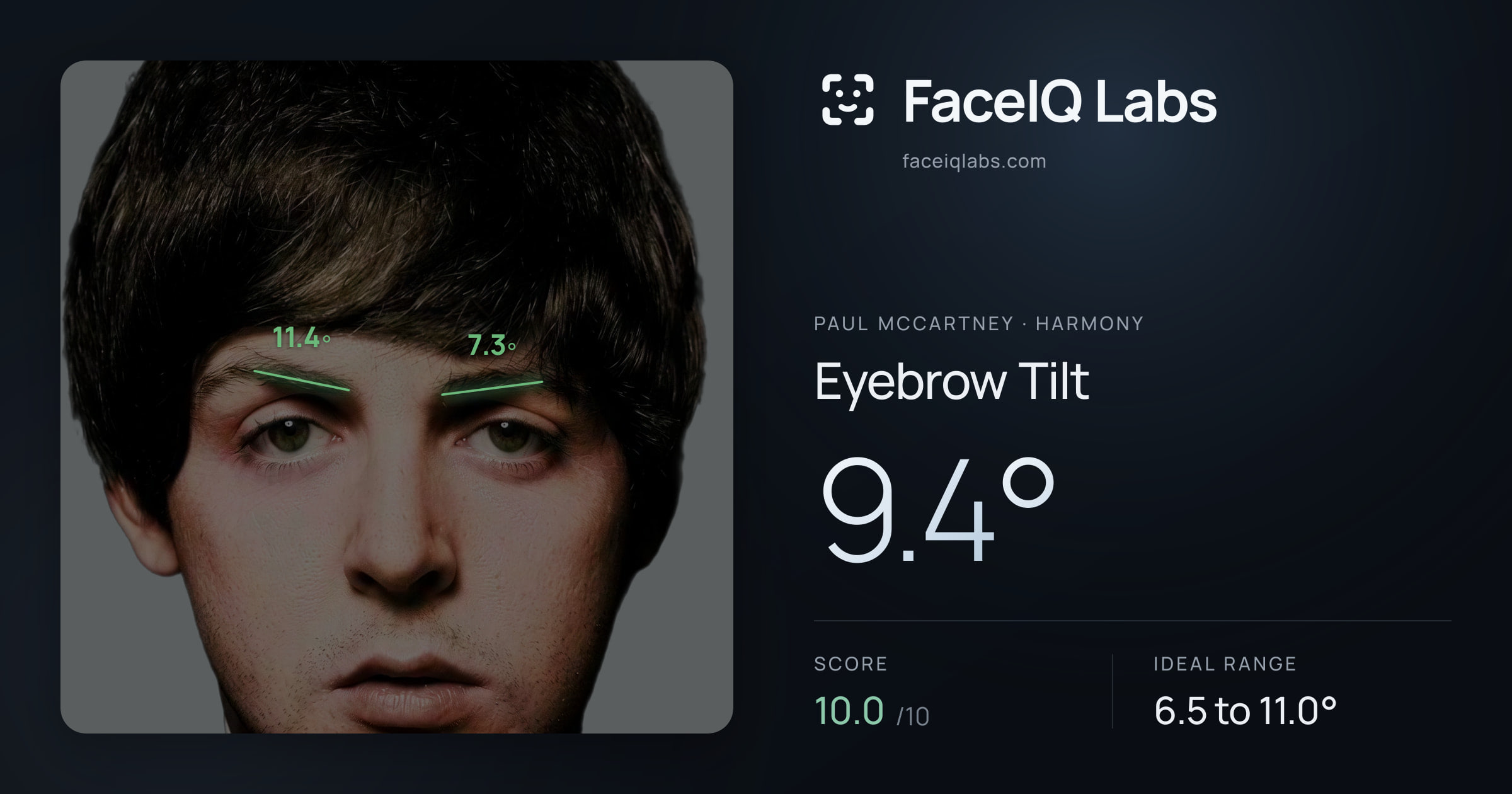 Paul McCartney Eyebrow Tilt: 9.4°, drawn on the photo