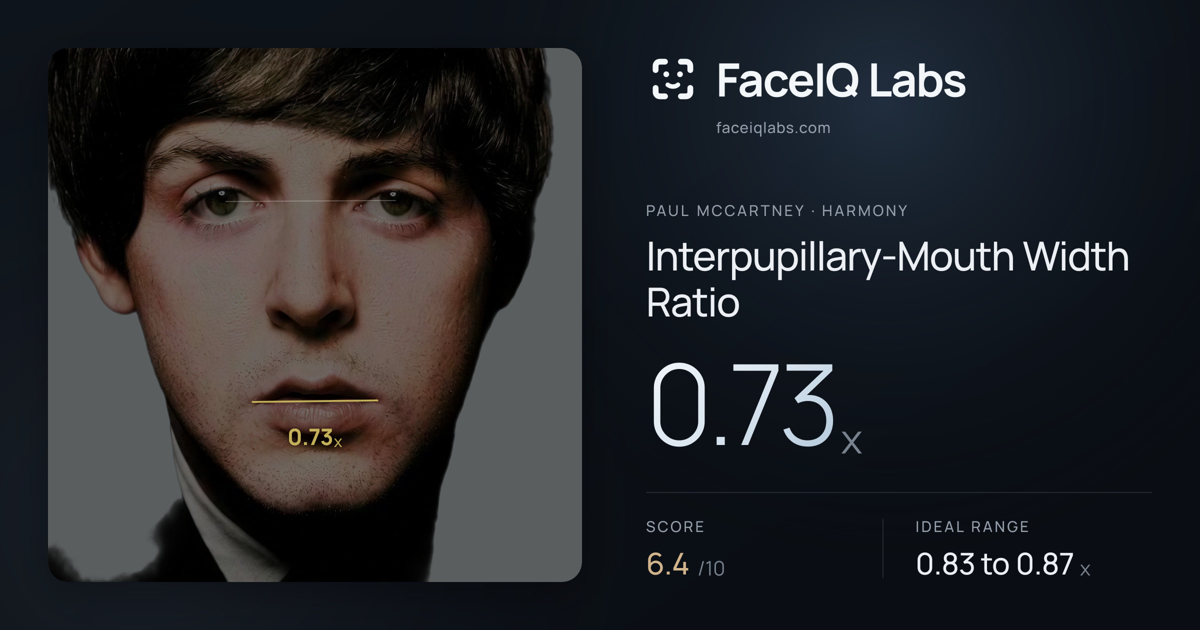 Paul McCartney Interpupillary-Mouth Width Ratio: 0.73x, drawn on the photo