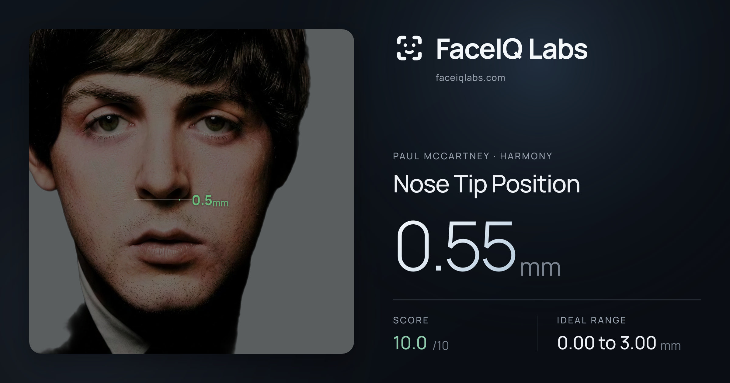 Paul McCartney Nose Tip Position: 0.55mm, drawn on the photo
