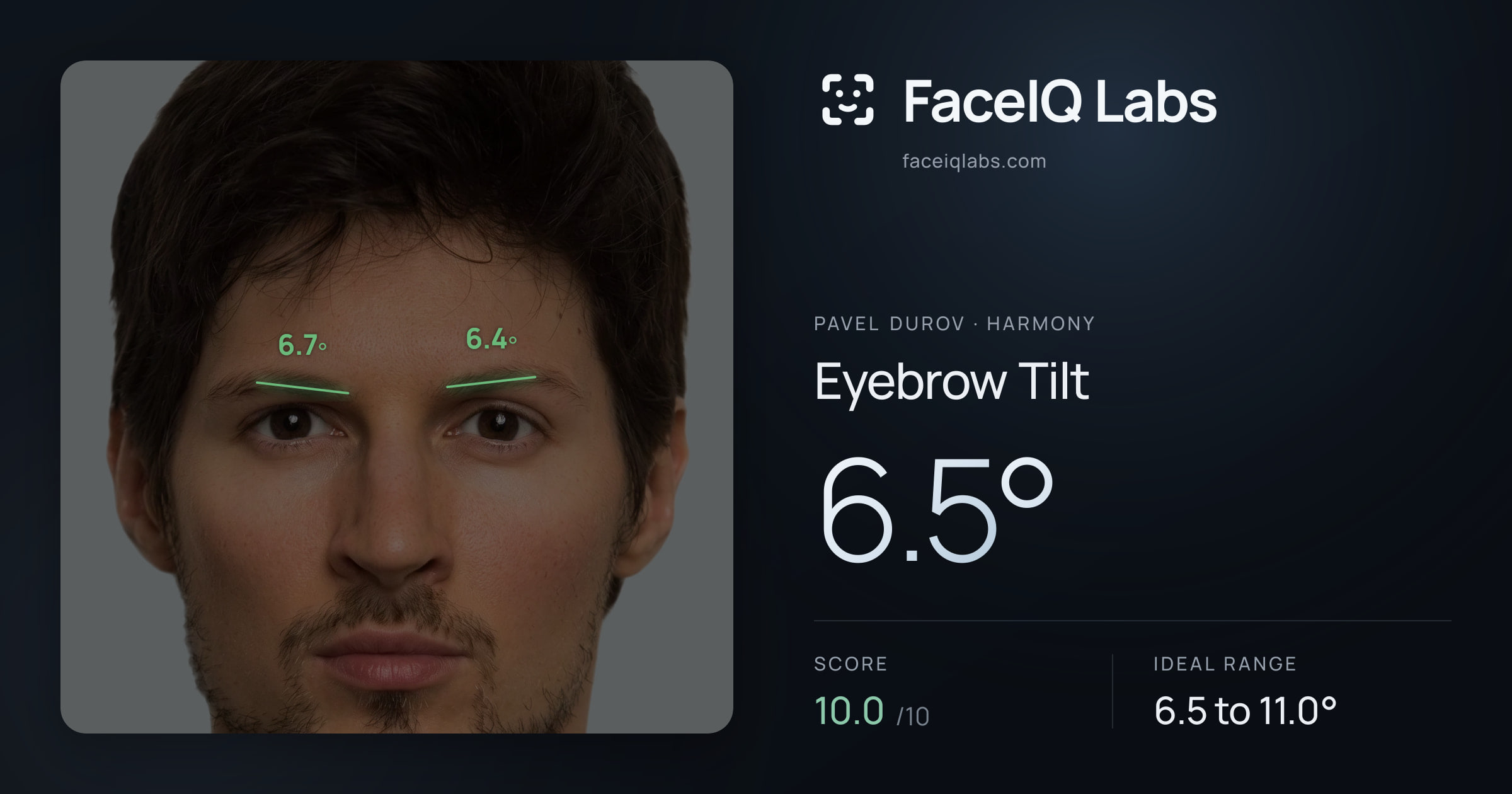 Pavel Durov Eyebrow Tilt: 6.5°, drawn on the photo