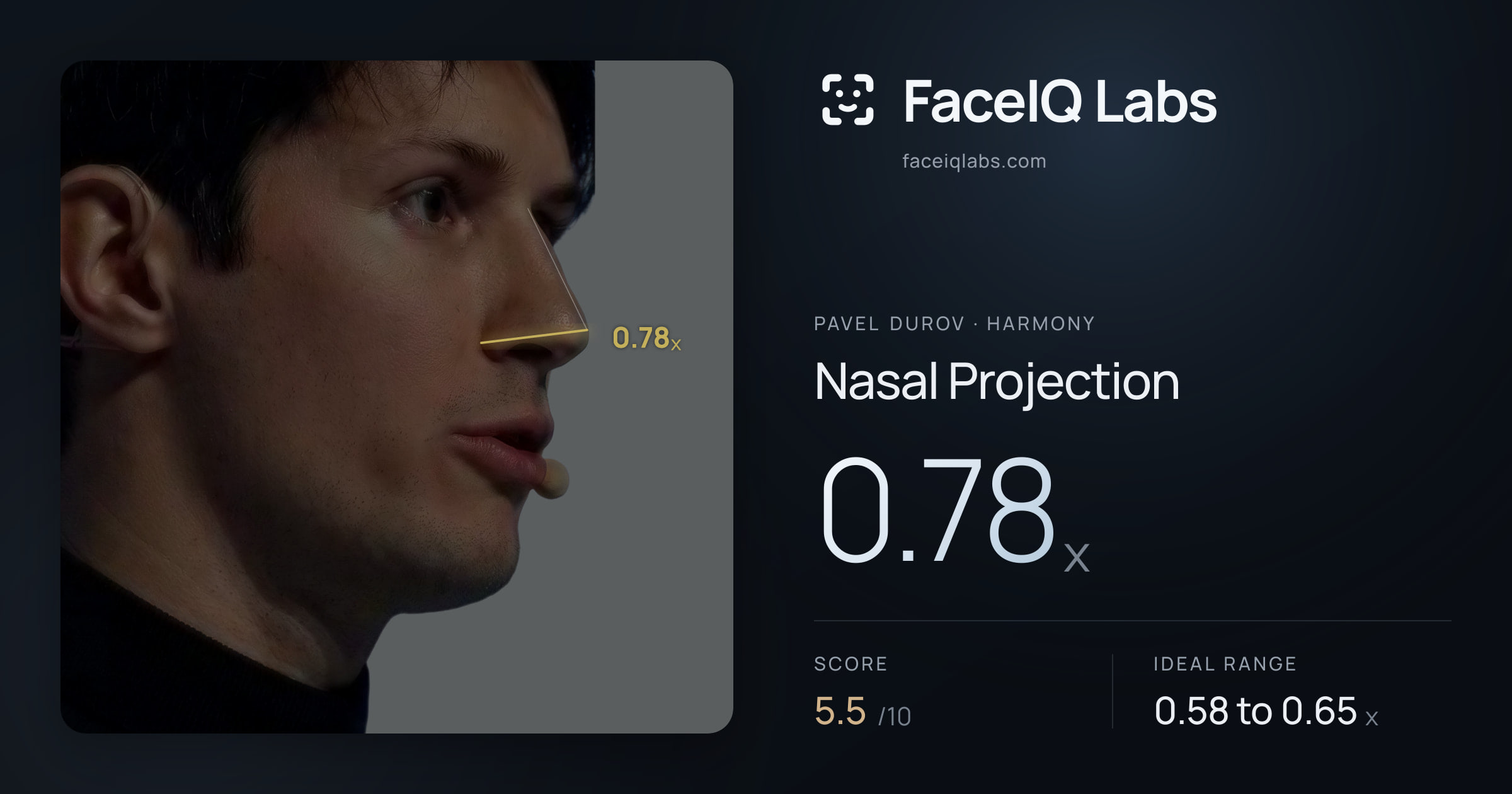 Pavel Durov Nasal Projection: 0.78x, drawn on the photo