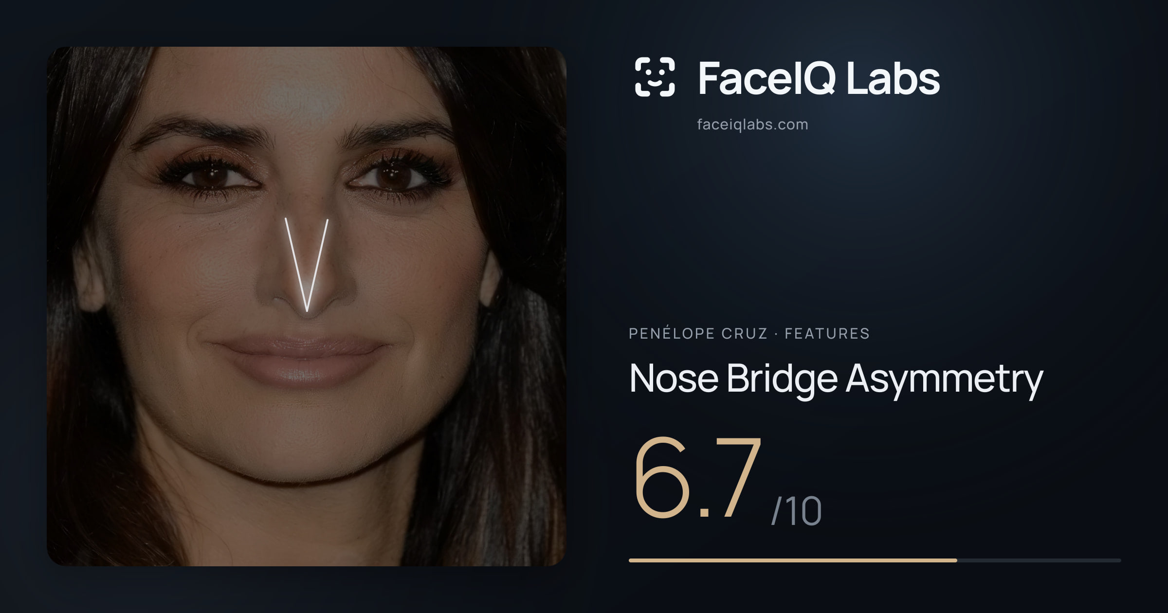 Penélope Cruz Nose Bridge Asymmetry: 6.7/10, drawn on the photo