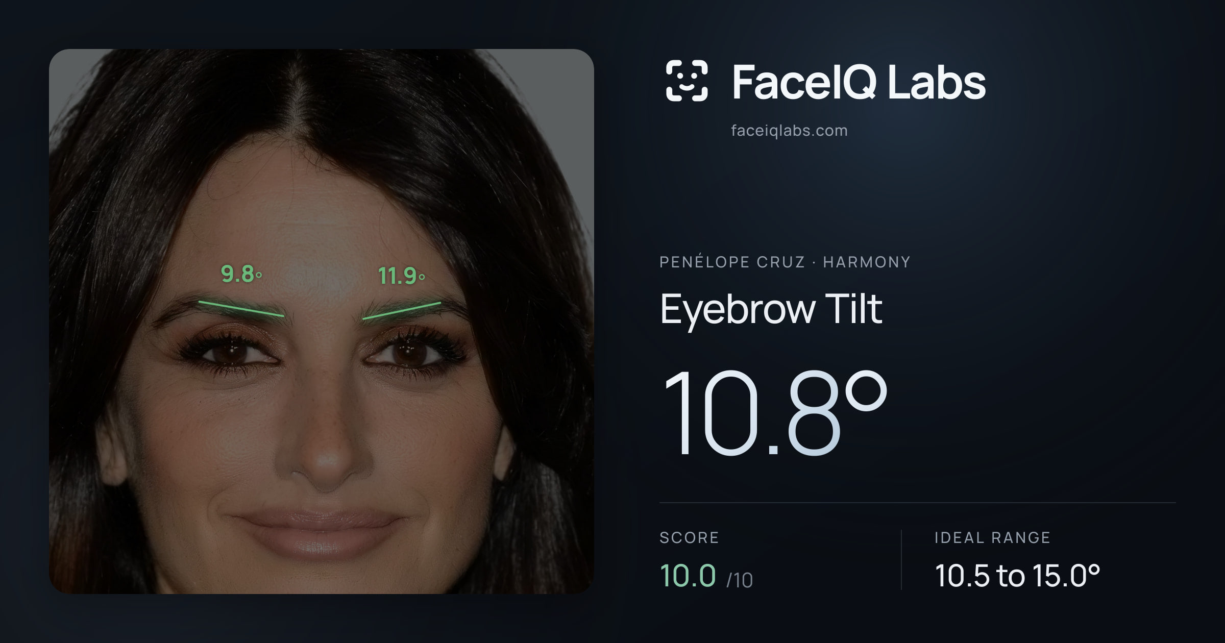 penélope cruz Eyebrow Tilt: 10.8°, drawn on the photo