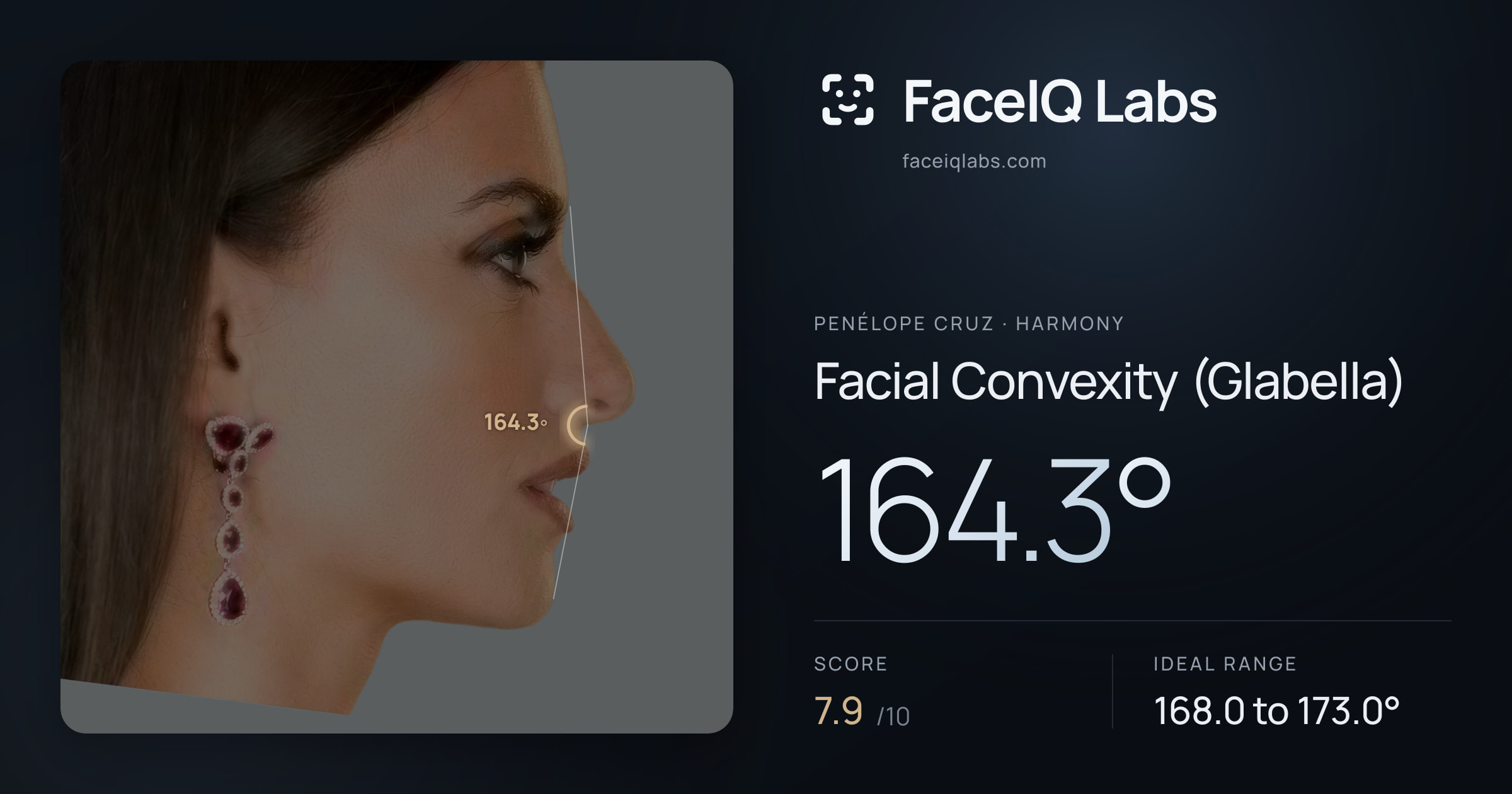 penélope cruz Facial Convexity (Glabella): 164.3°, drawn on the photo