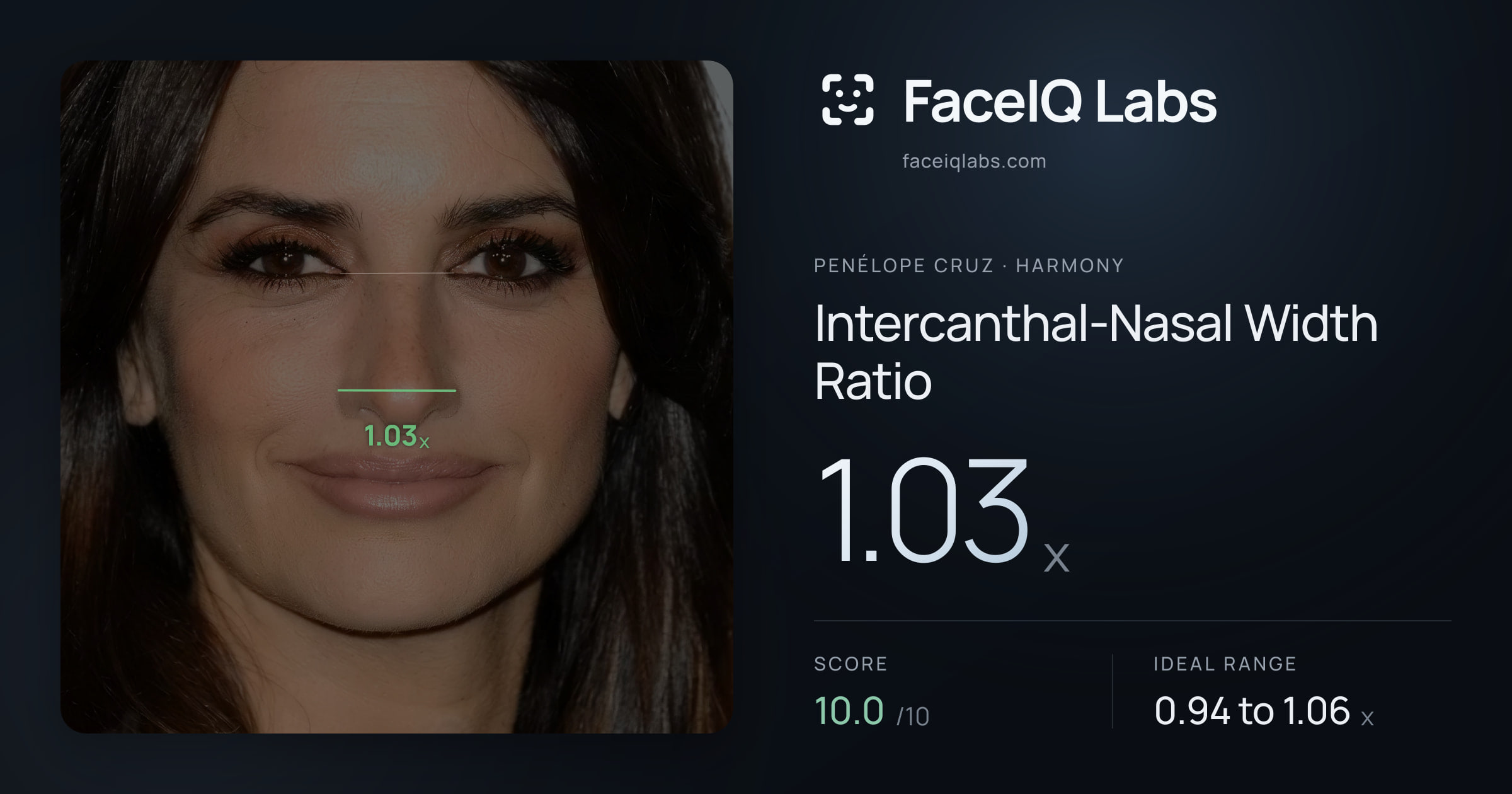 penélope cruz Intercanthal-Nasal Width Ratio: 1.03x, drawn on the photo