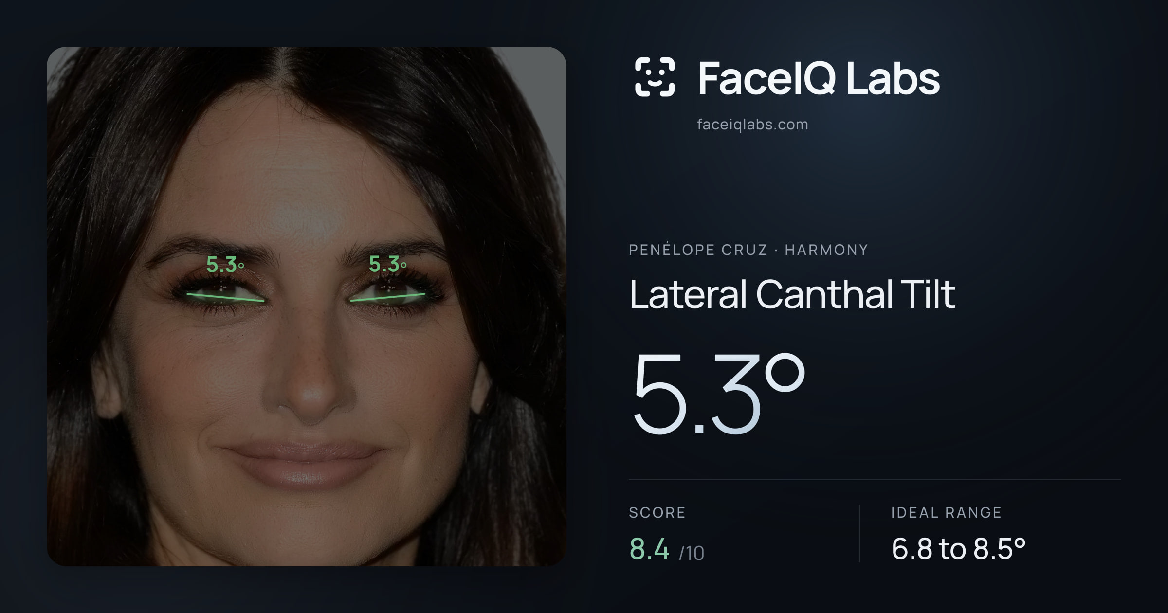 Penélope Cruz Lateral Canthal Tilt: 5.3°, drawn on the photo
