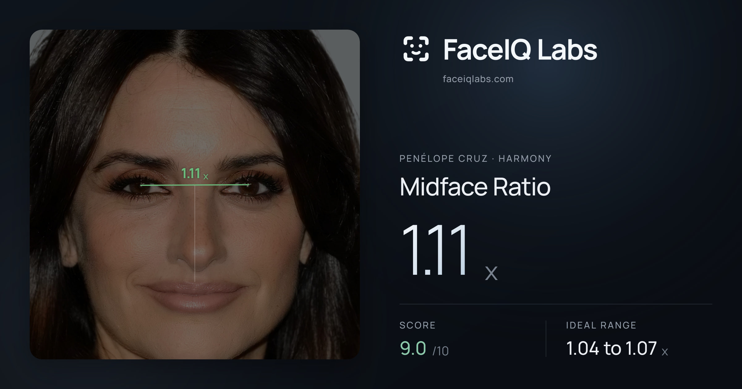 penélope cruz Midface Ratio: 1.11x, drawn on the photo