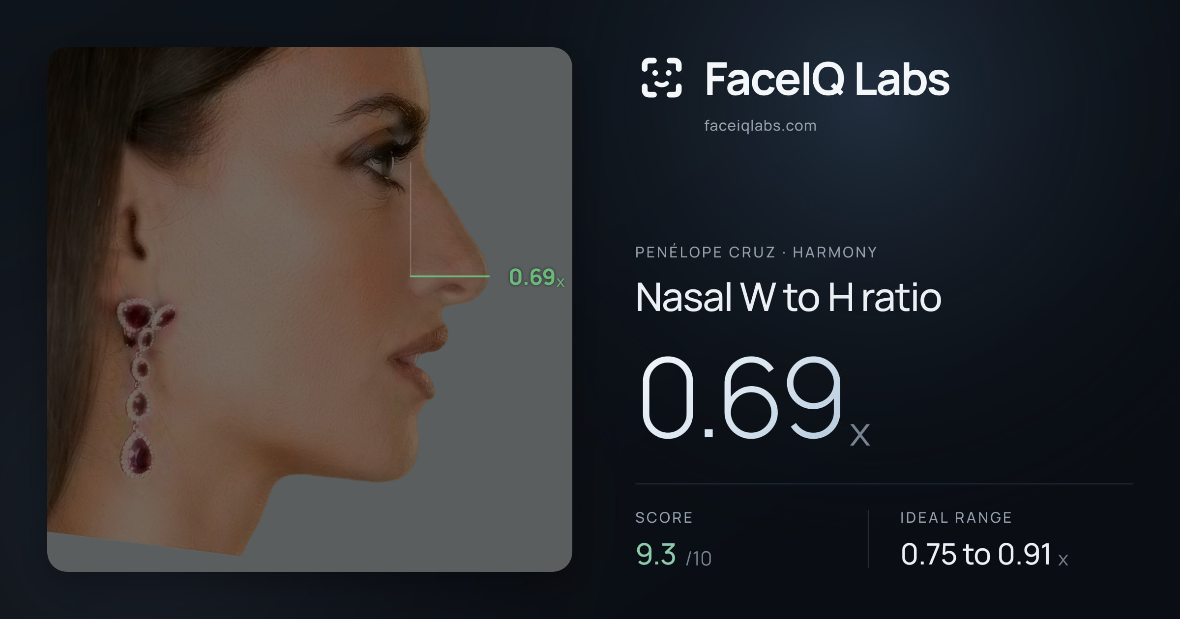 penélope cruz Nasal W to H ratio: 0.69x, drawn on the photo