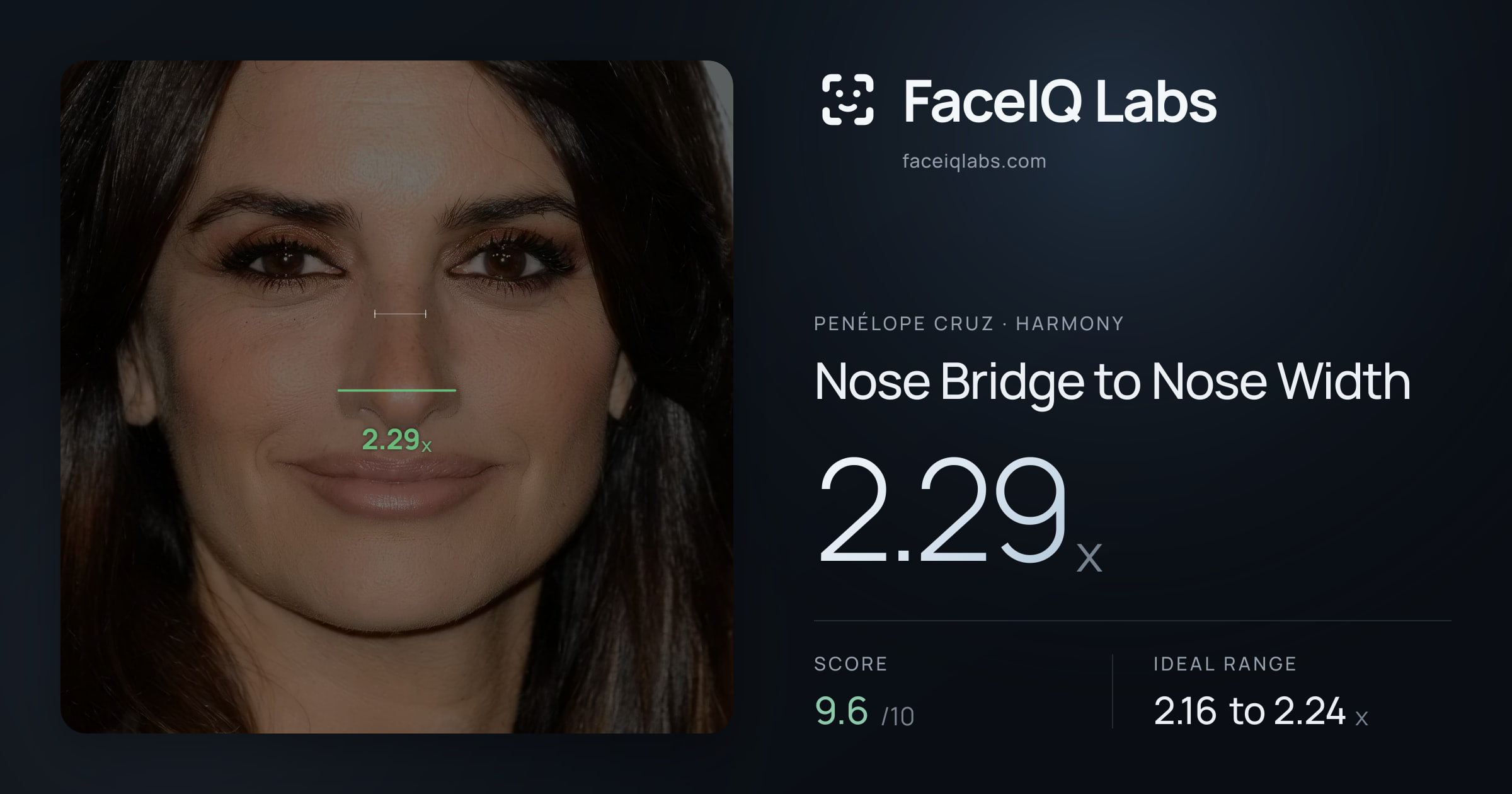 Penélope Cruz Nose Bridge to Nose Width: 2.29x, drawn on the photo