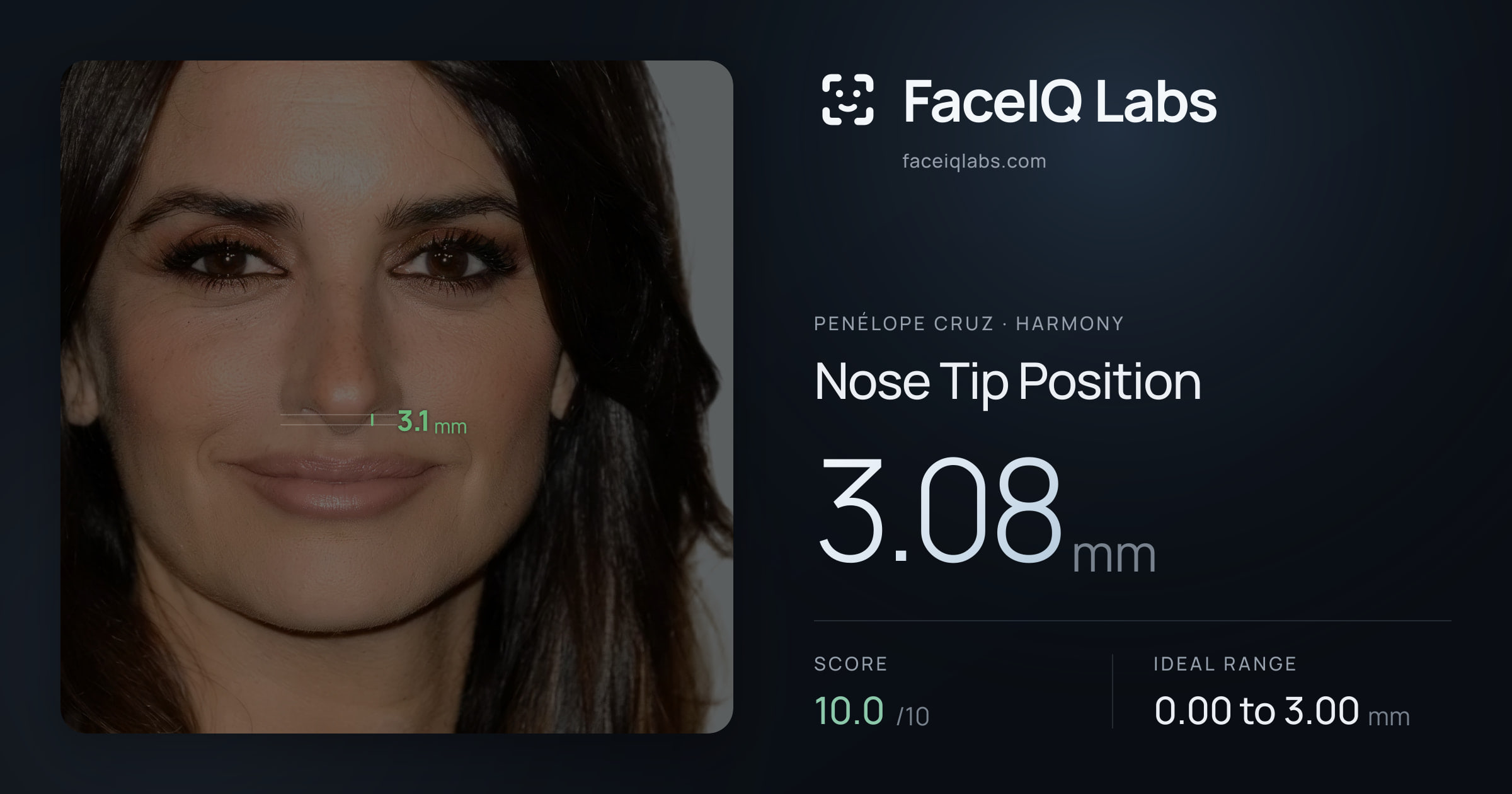 penélope cruz Nose Tip Position: 3.08mm, drawn on the photo