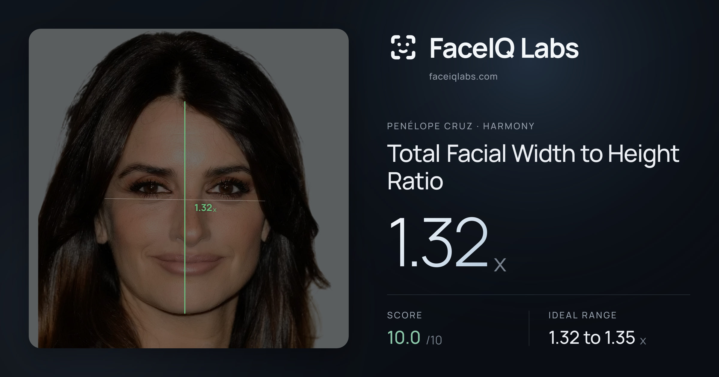 penélope cruz Total Facial Width to Height Ratio: 1.32x, drawn on the photo