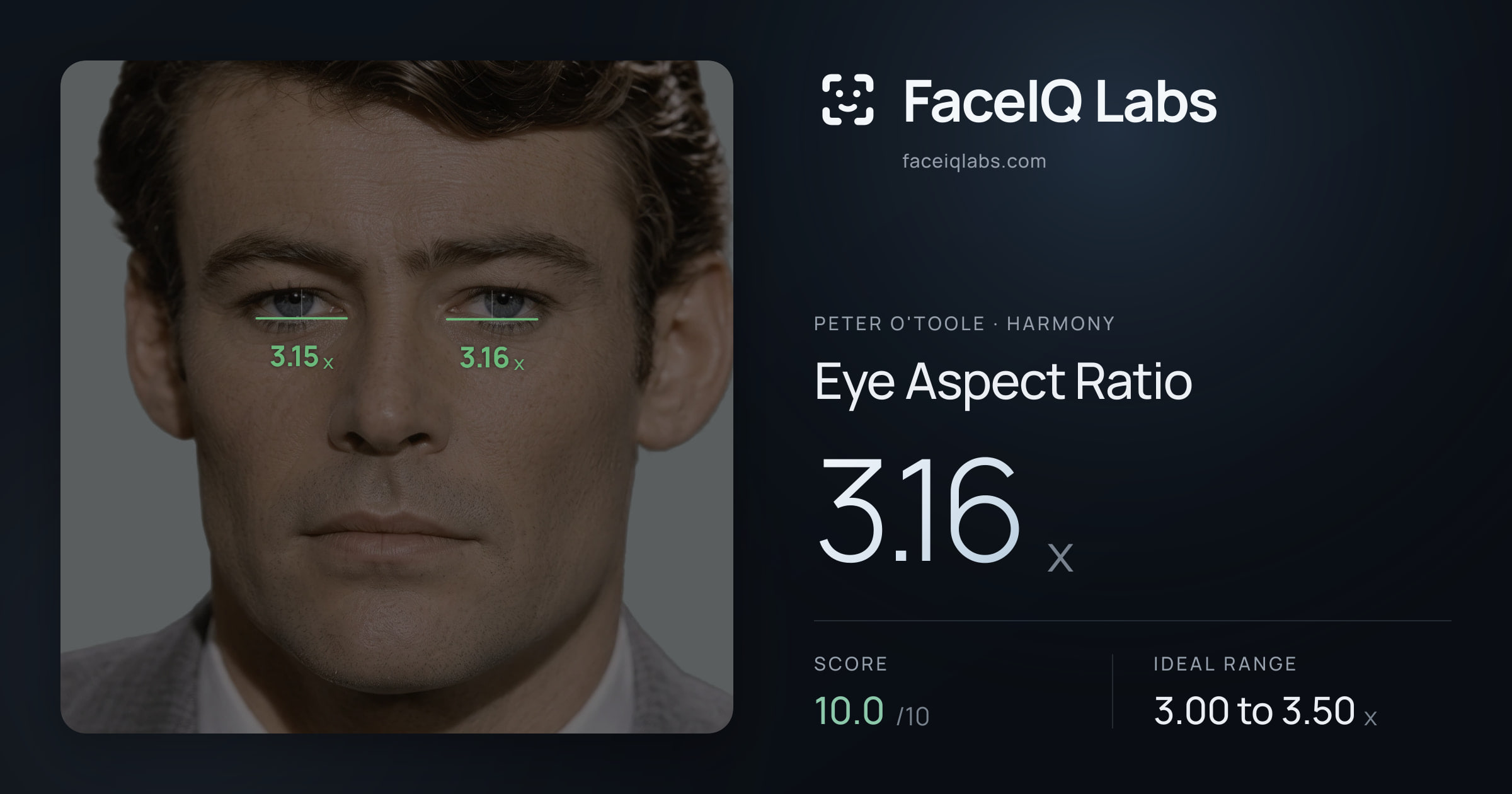 Peter O'Toole Eye Aspect Ratio: 3.16x, drawn on the photo