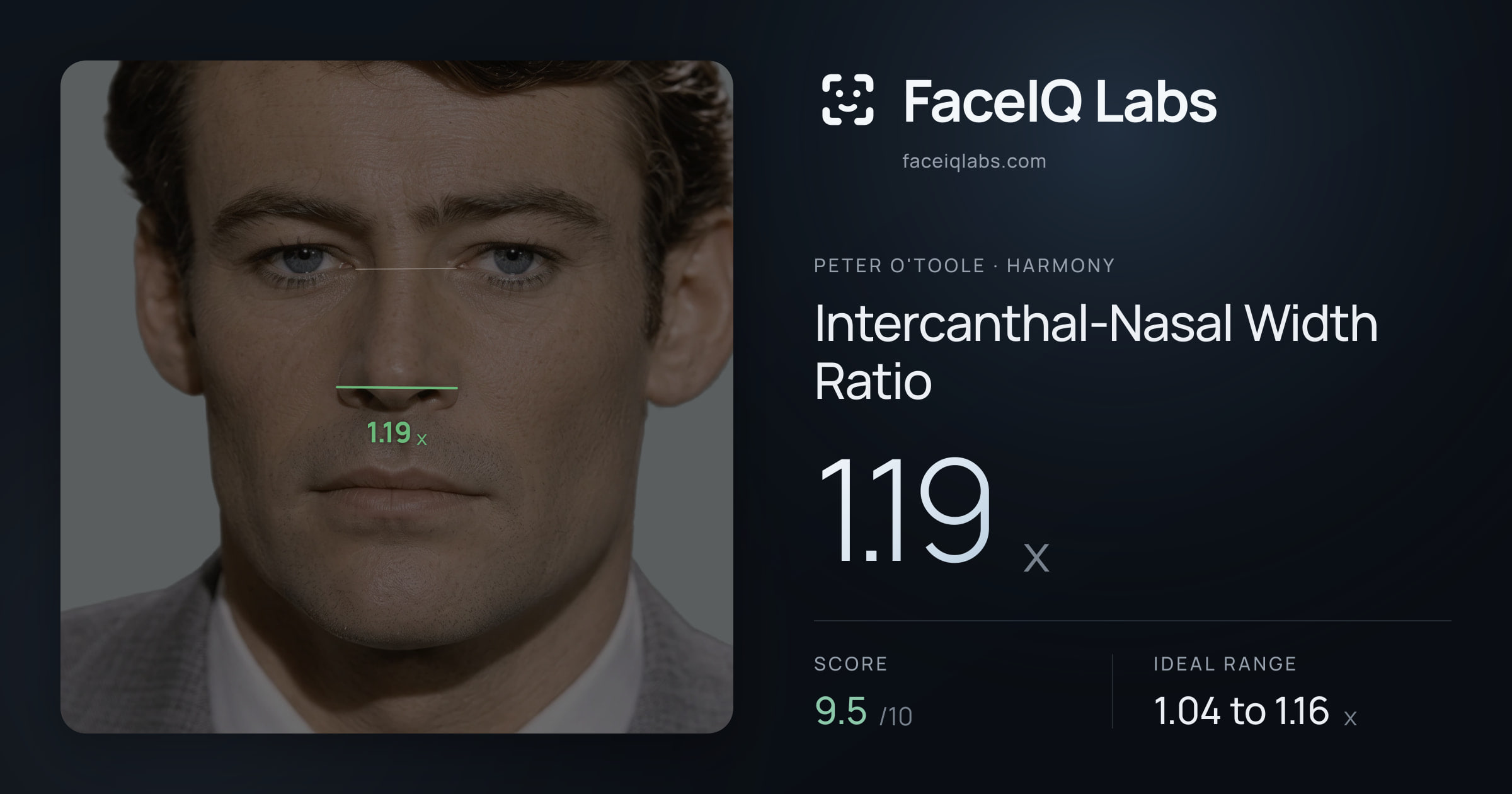 Peter O'Toole Intercanthal-Nasal Width Ratio: 1.19x, drawn on the photo