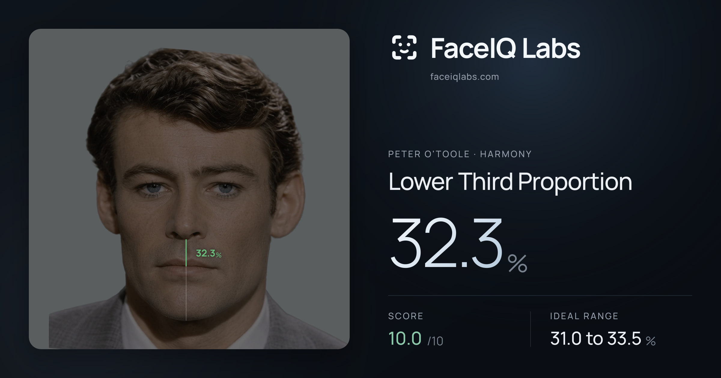 Peter O'Toole Lower Third Proportion: 32.3%, drawn on the photo