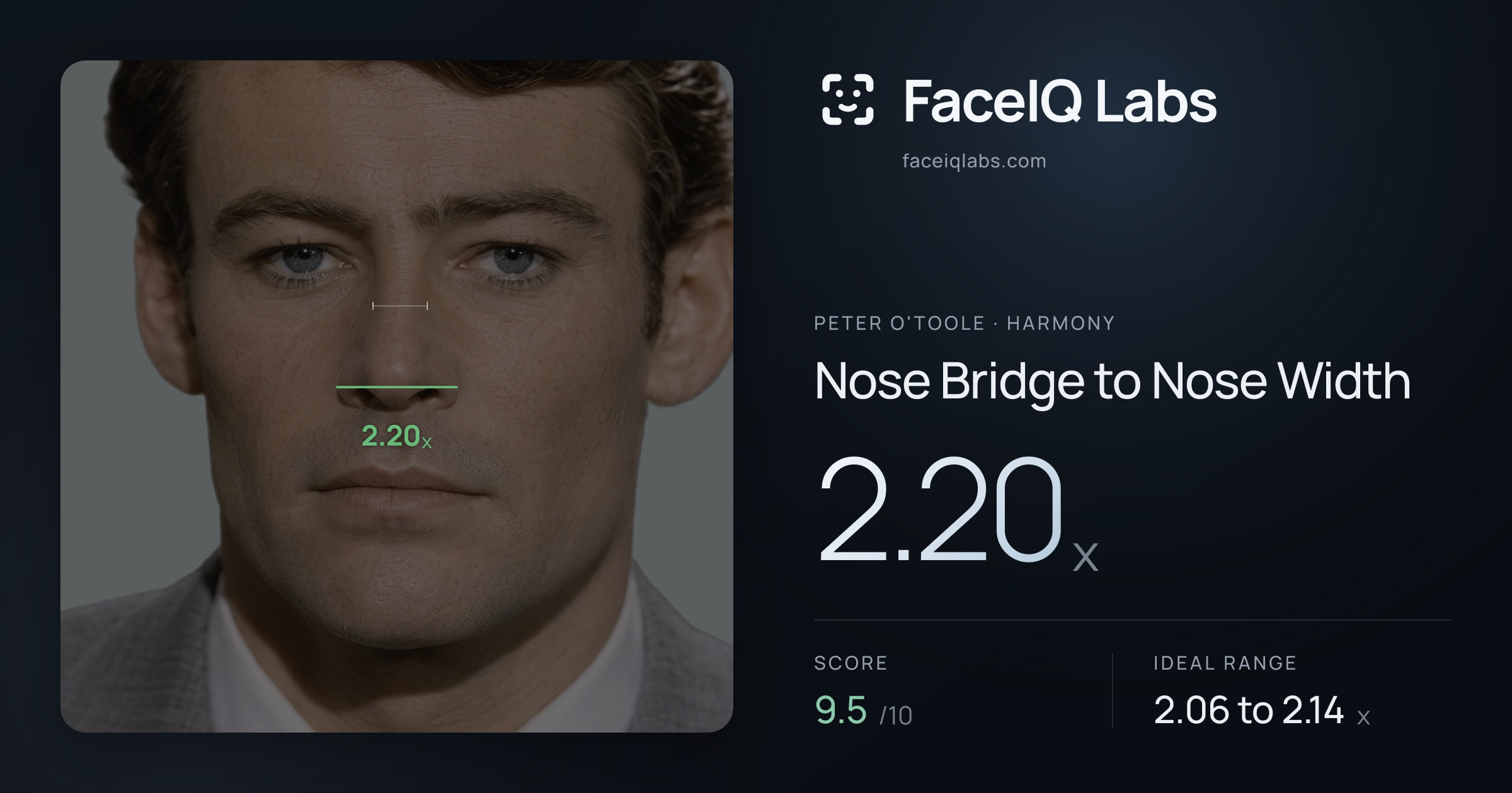 Peter O'Toole Nose Bridge to Nose Width: 2.20x, drawn on the photo