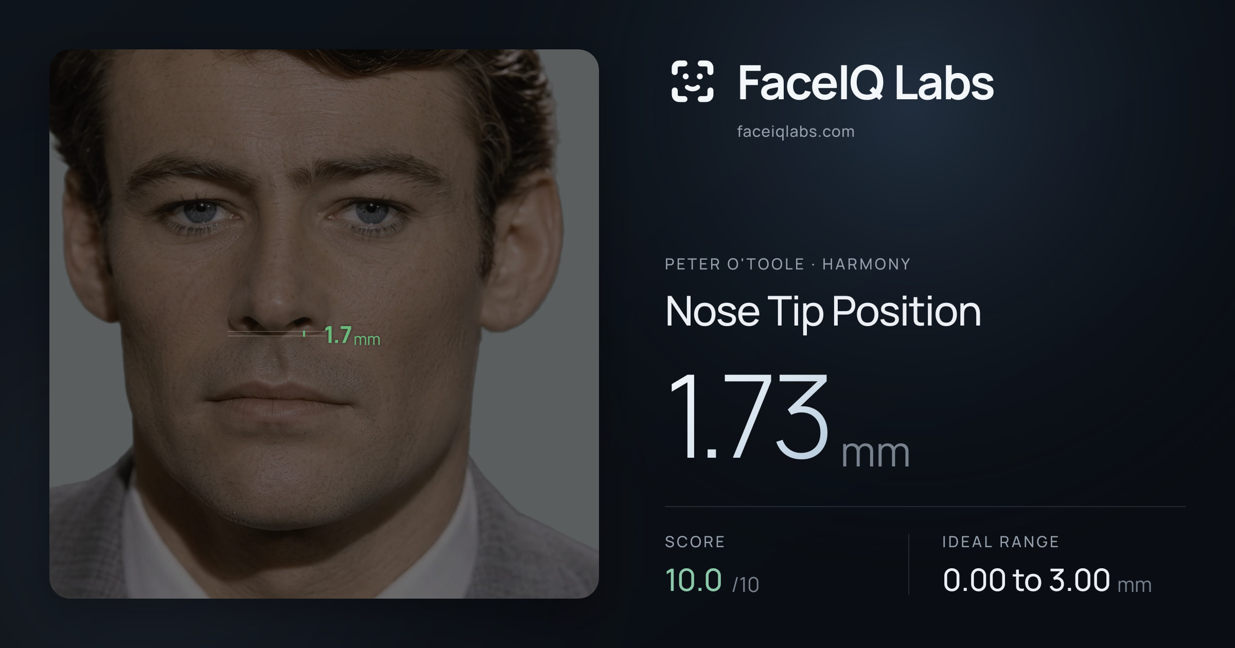 Peter O'Toole Nose Tip Position: 1.73mm, drawn on the photo