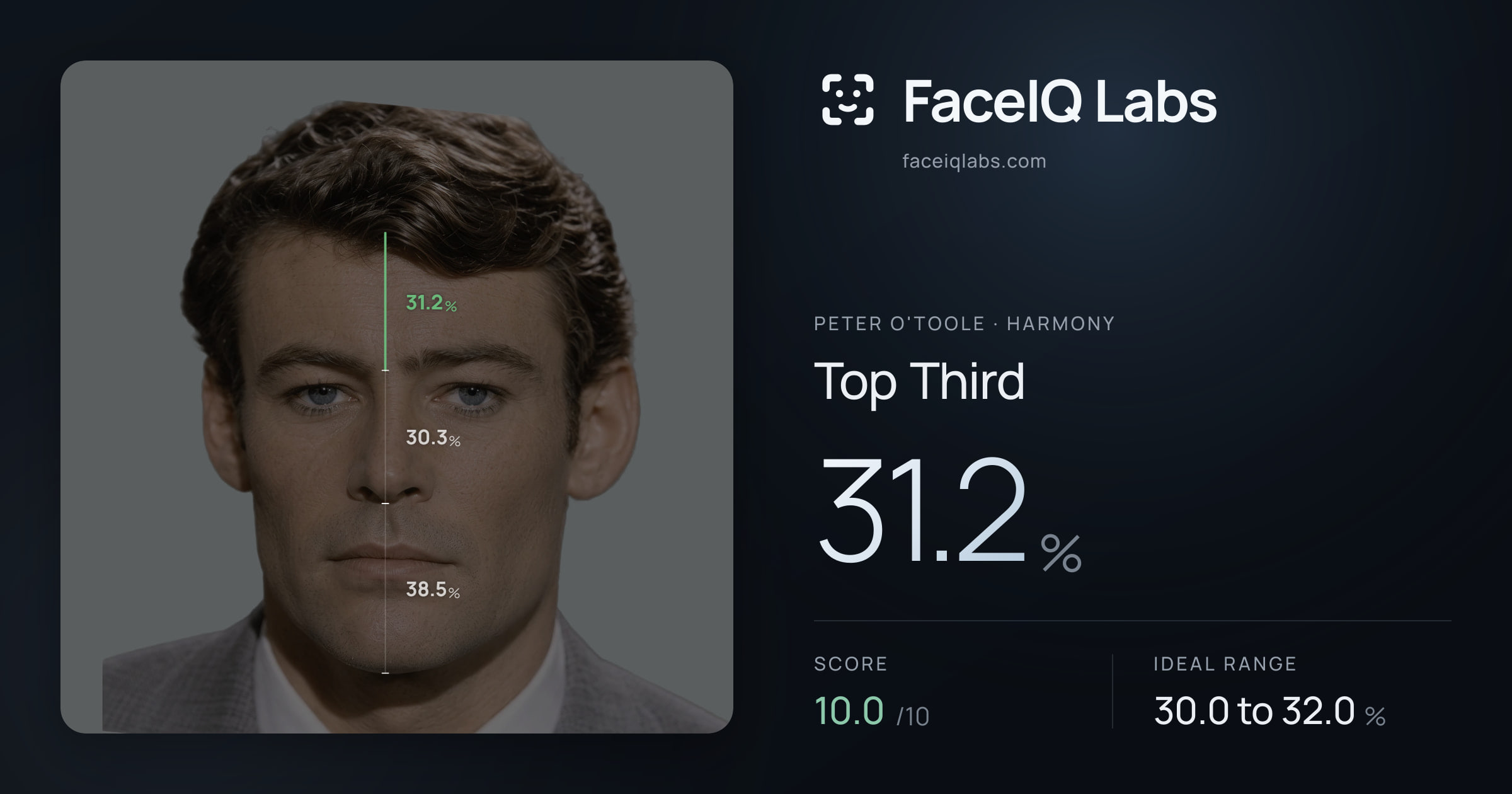 Peter O'Toole Top Third: 31.2%, drawn on the photo